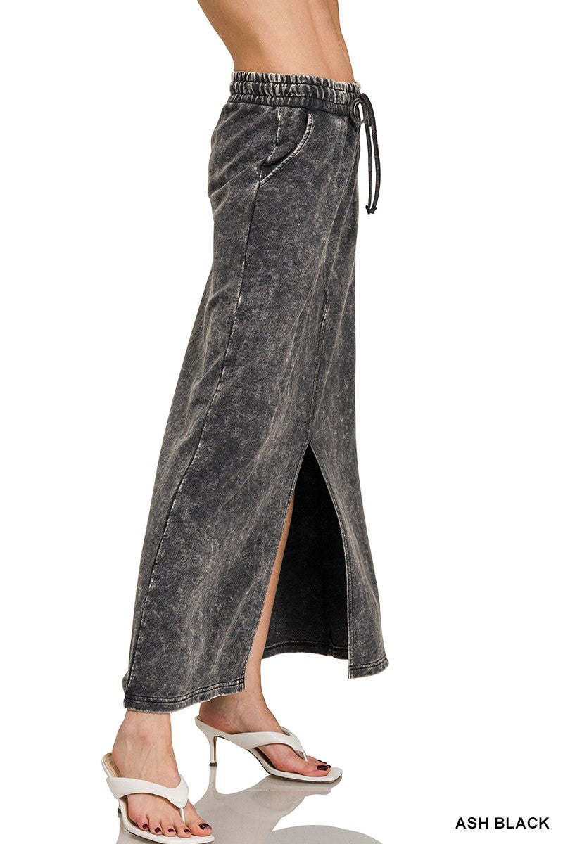 French Terry Ash Black Acid Washed Front Slit Long Skirt