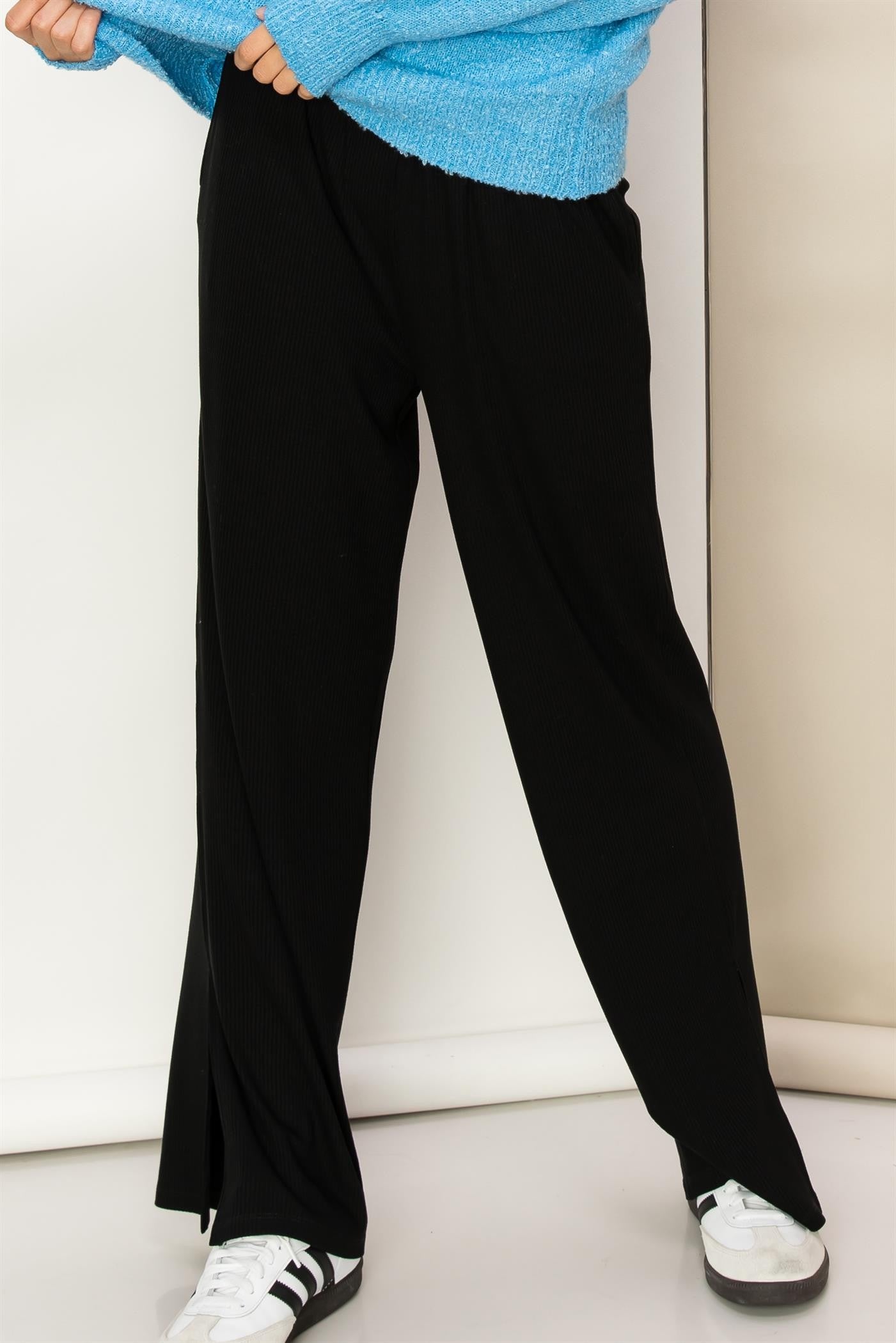 Black Ribbed Side Slit Wide Leg Pants