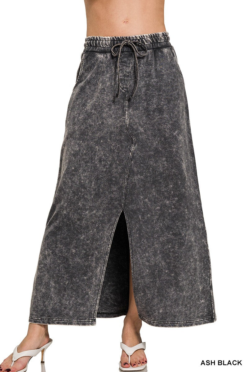 French Terry Ash Black Acid Washed Front Slit Long Skirt