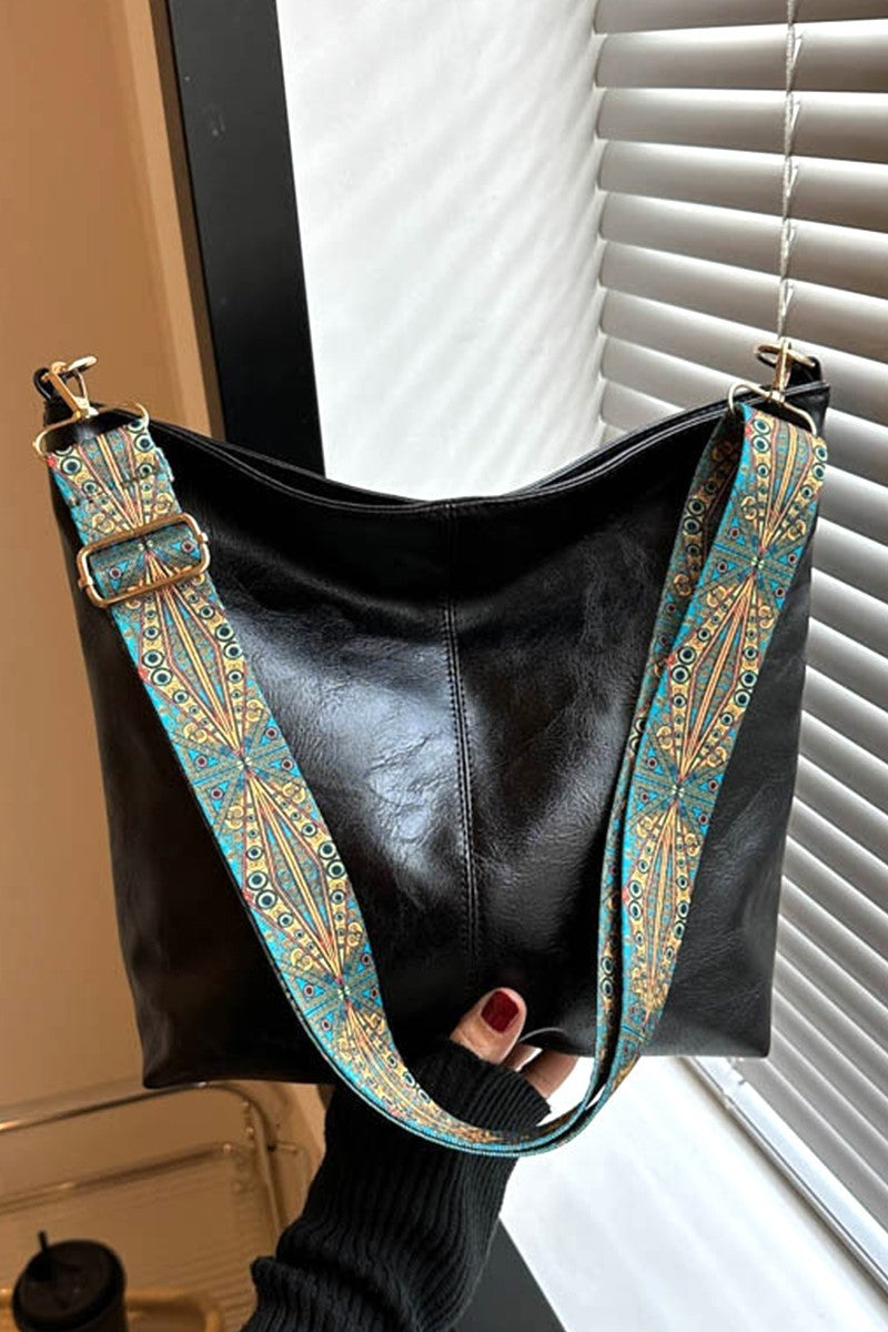 Retro Pattern Black Vegan Leather Crossbody Shoulder Bag
