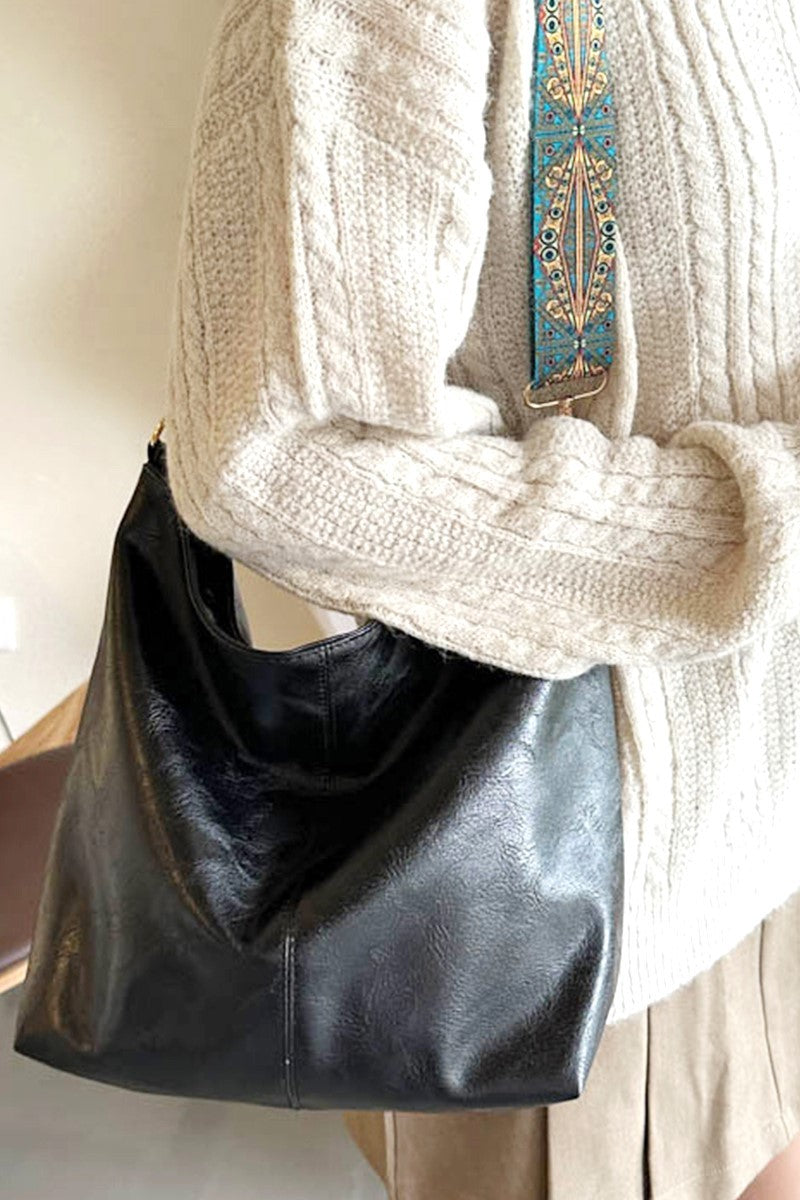 Retro Pattern Black Vegan Leather Crossbody Shoulder Bag