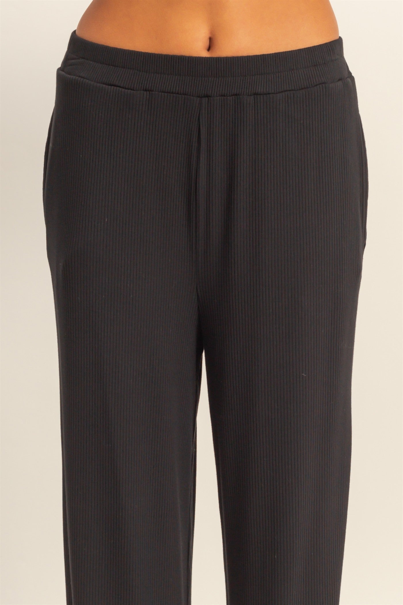 Black Ribbed Side Slit Wide Leg Pants
