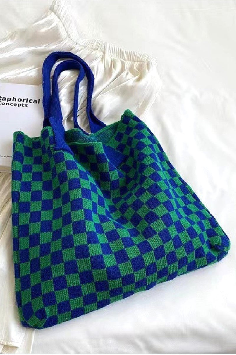Checkered Green & Blue Crochet Knit Canvas Commuter Bag