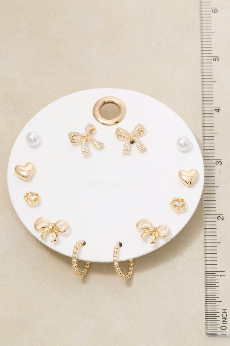 Six Pair Bow And Hearts Earrings Set