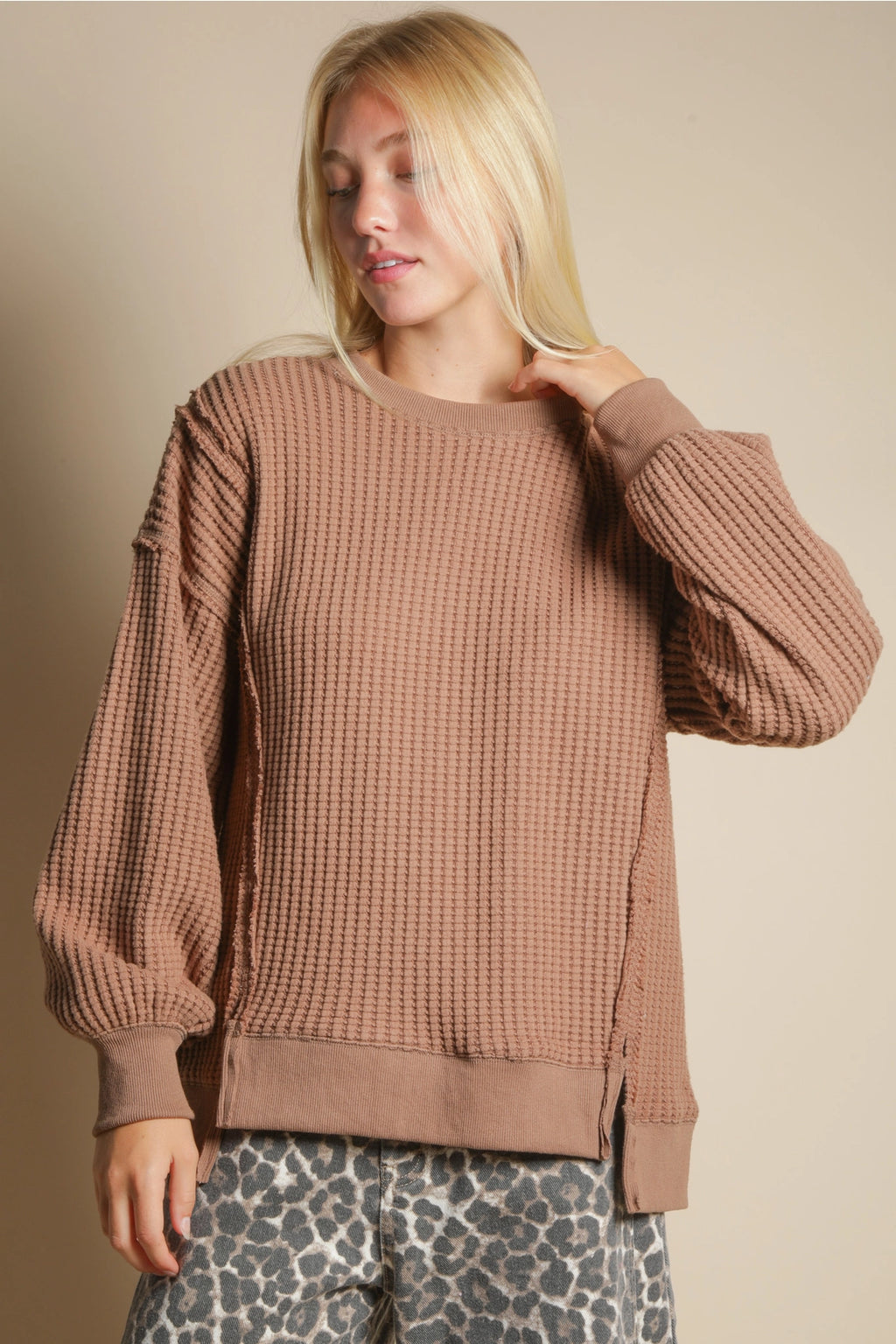 Oversized Mocha Waffle Knit Casual Top