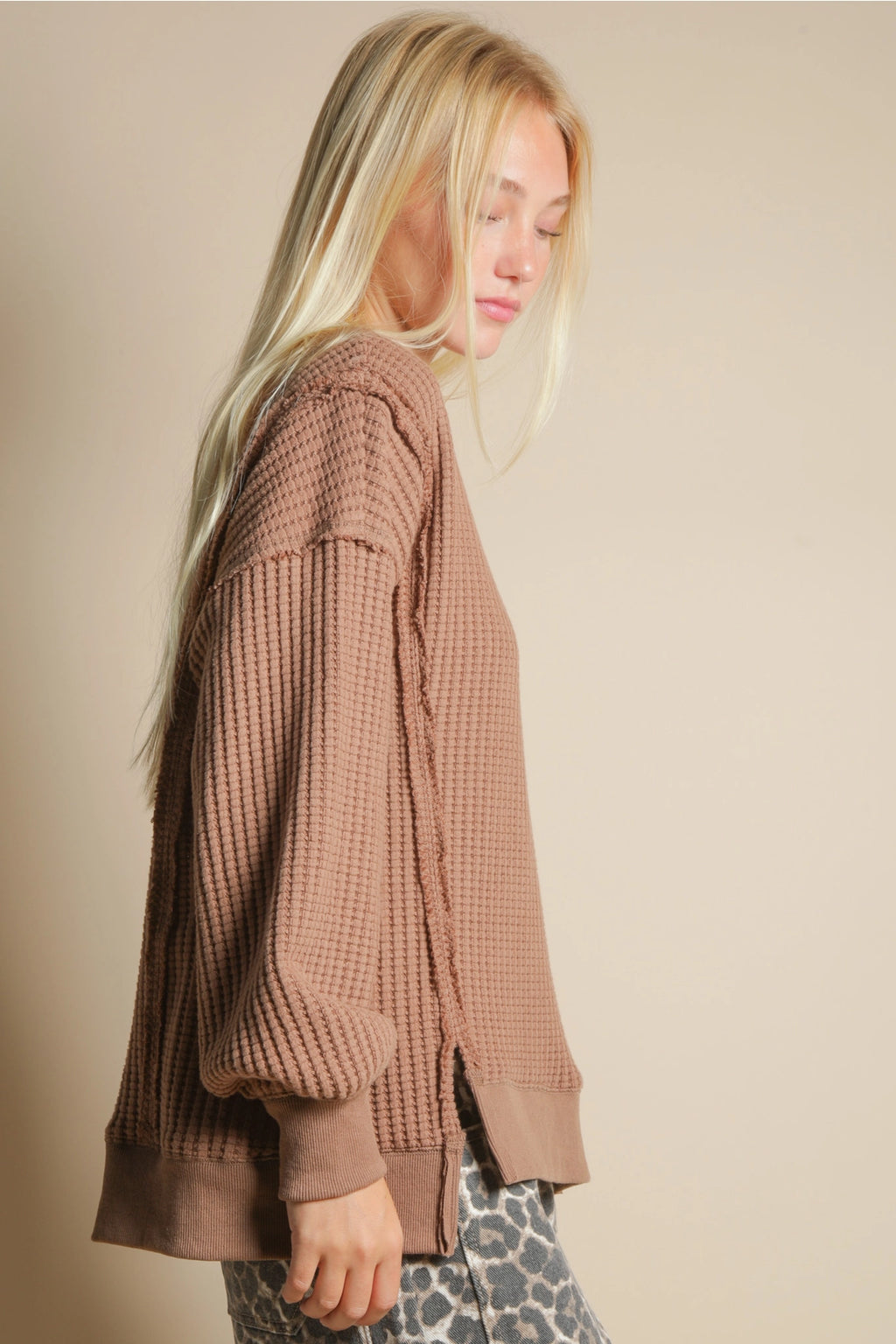 Oversized Mocha Waffle Knit Casual Top