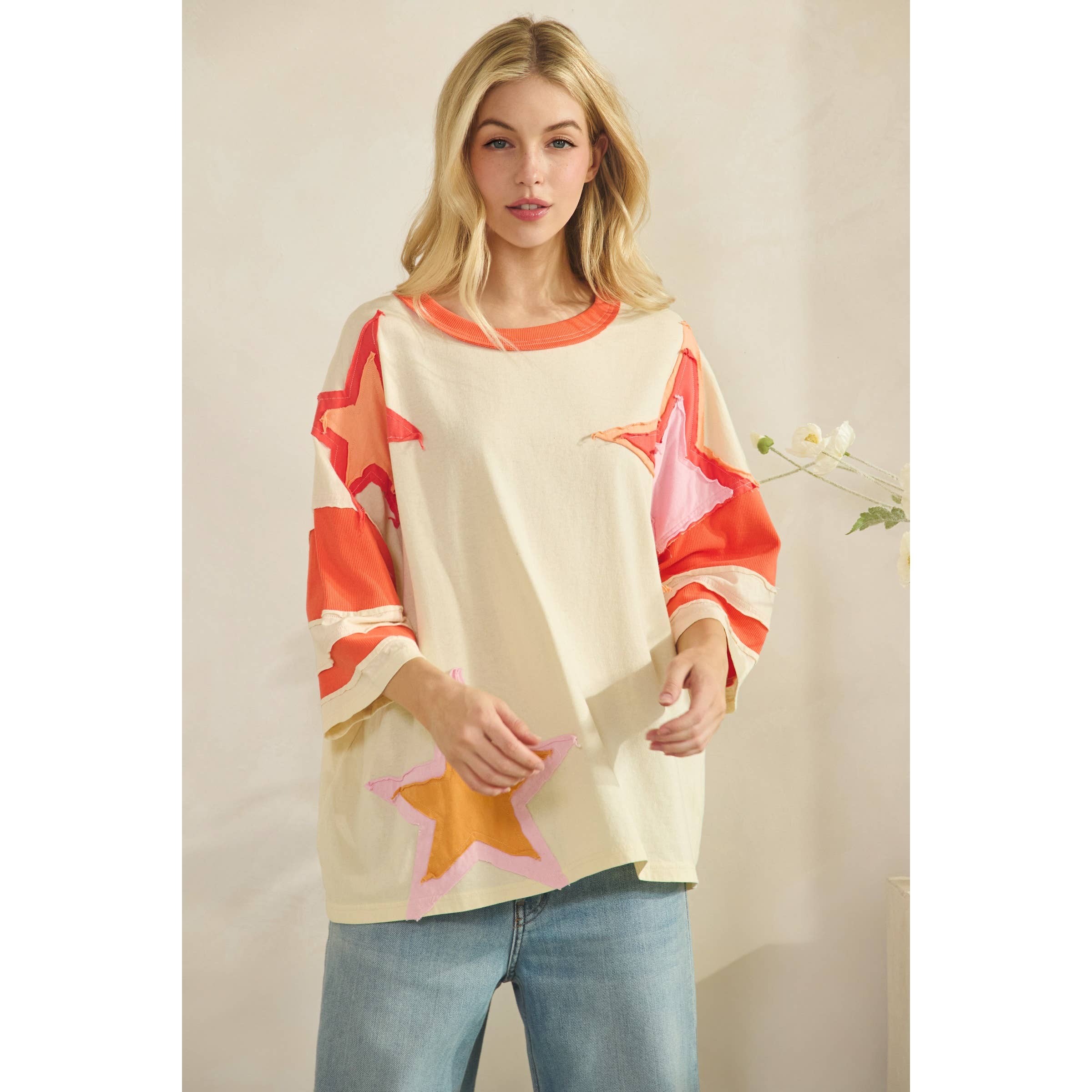 Colorblock Star Patch Applique Top