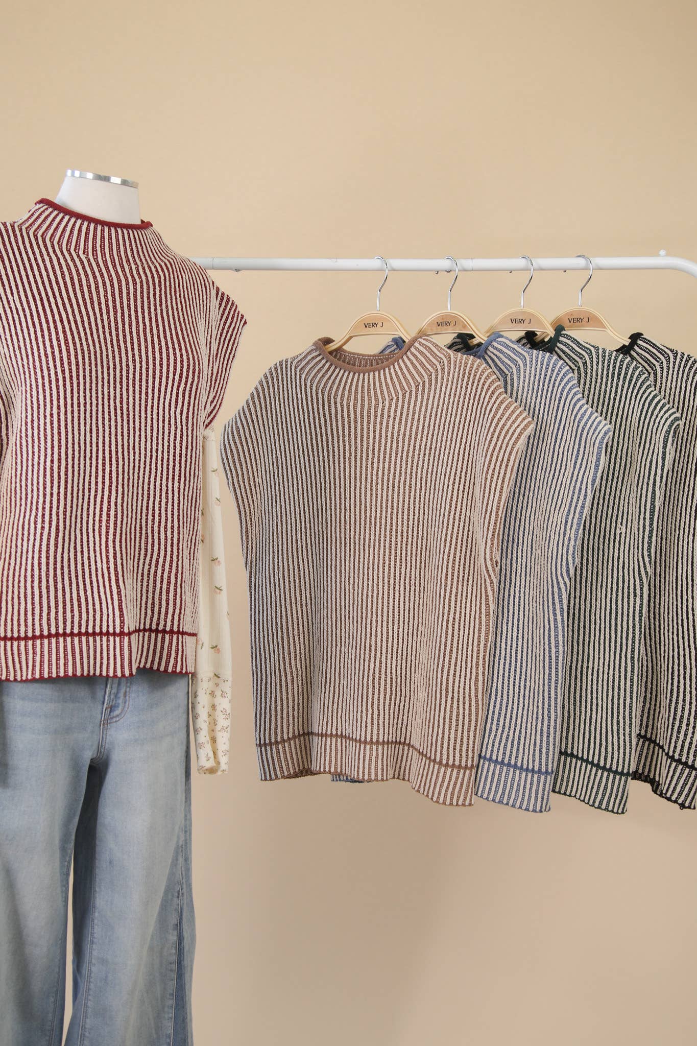 Two Tone Mocha Ribbed Knit Sweater Vest