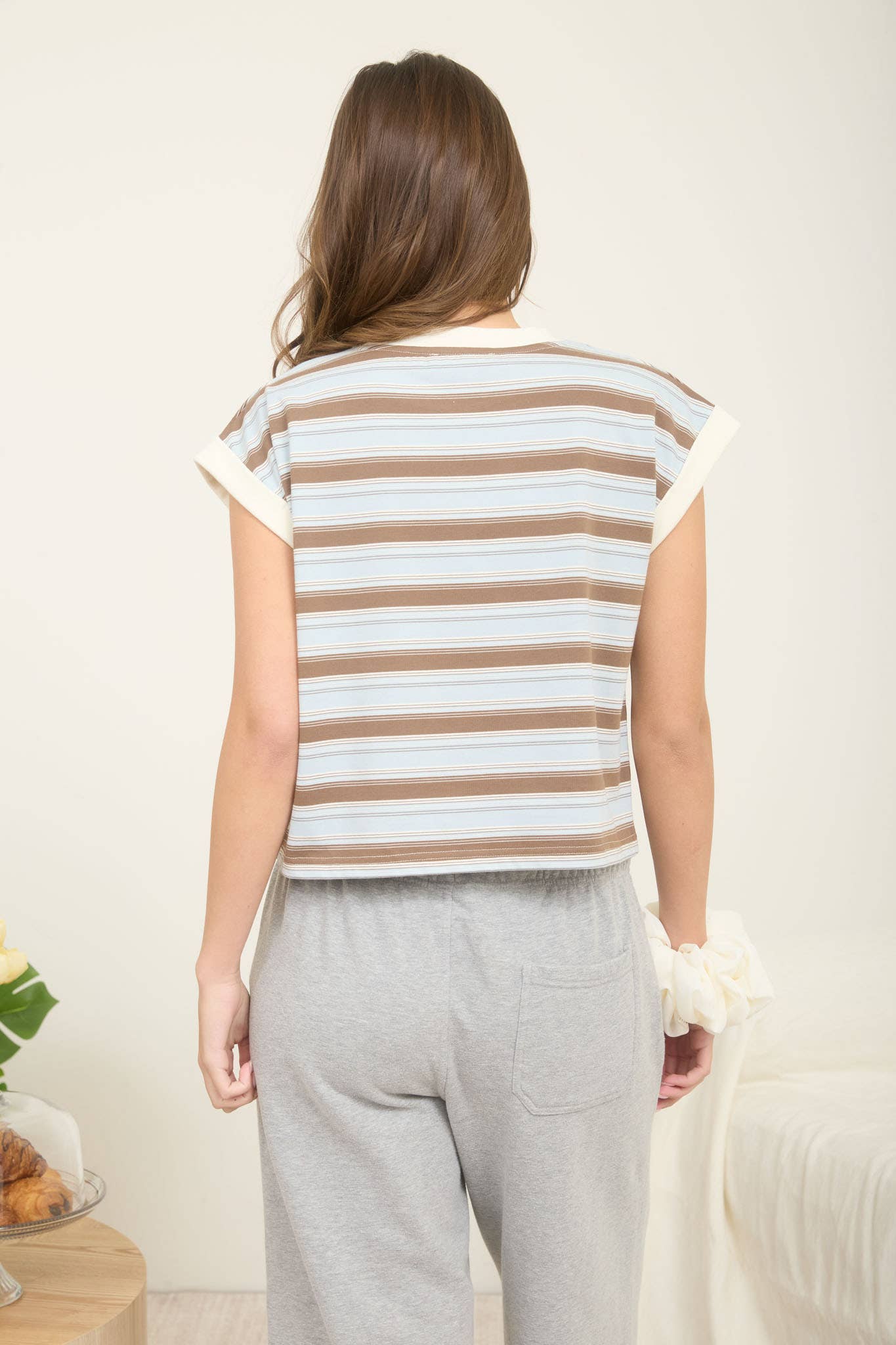 Dusty Blue Multi-Color Stripe Crewneck Sleeveless Knit Top