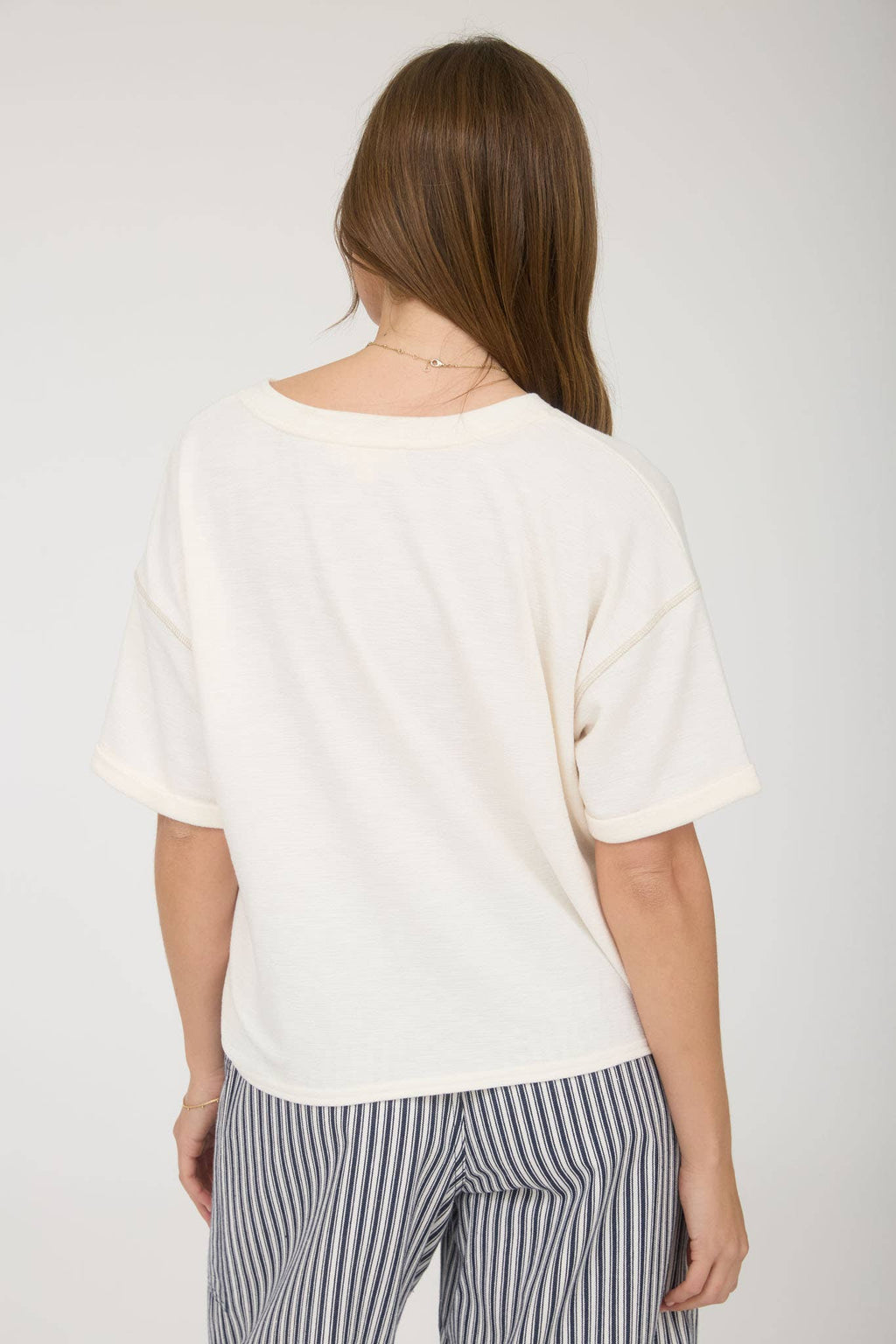 White Contrast Stitch Drop Shoulder Cuff Sleeve Knit Top