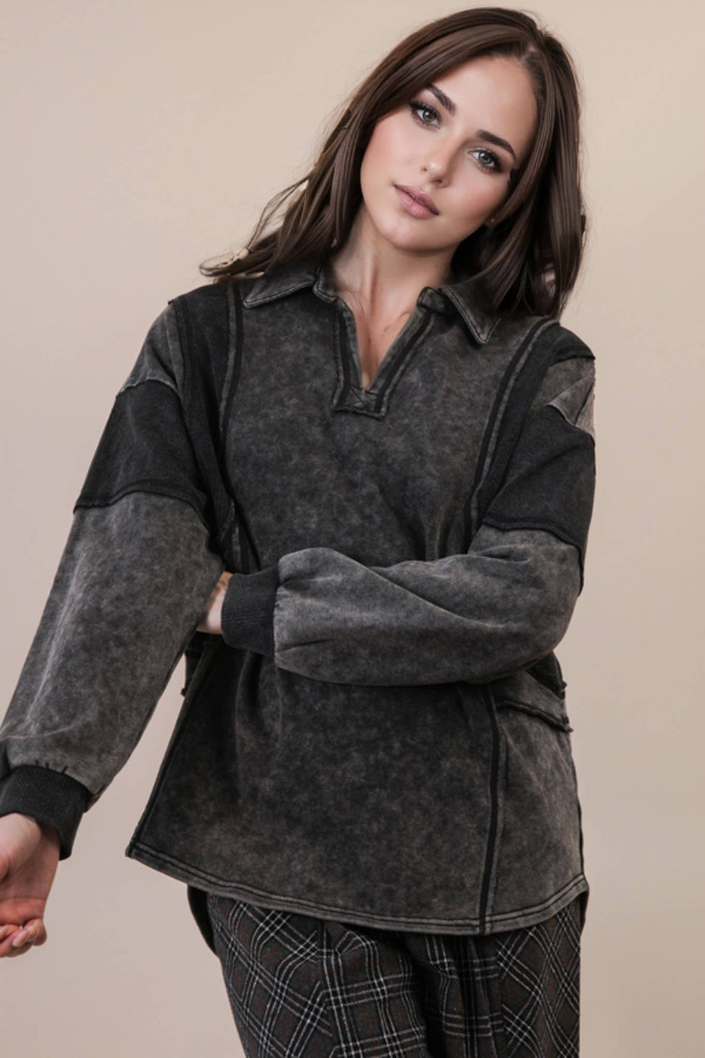 Black Mineral Washed Oversized French Terry Knit Top