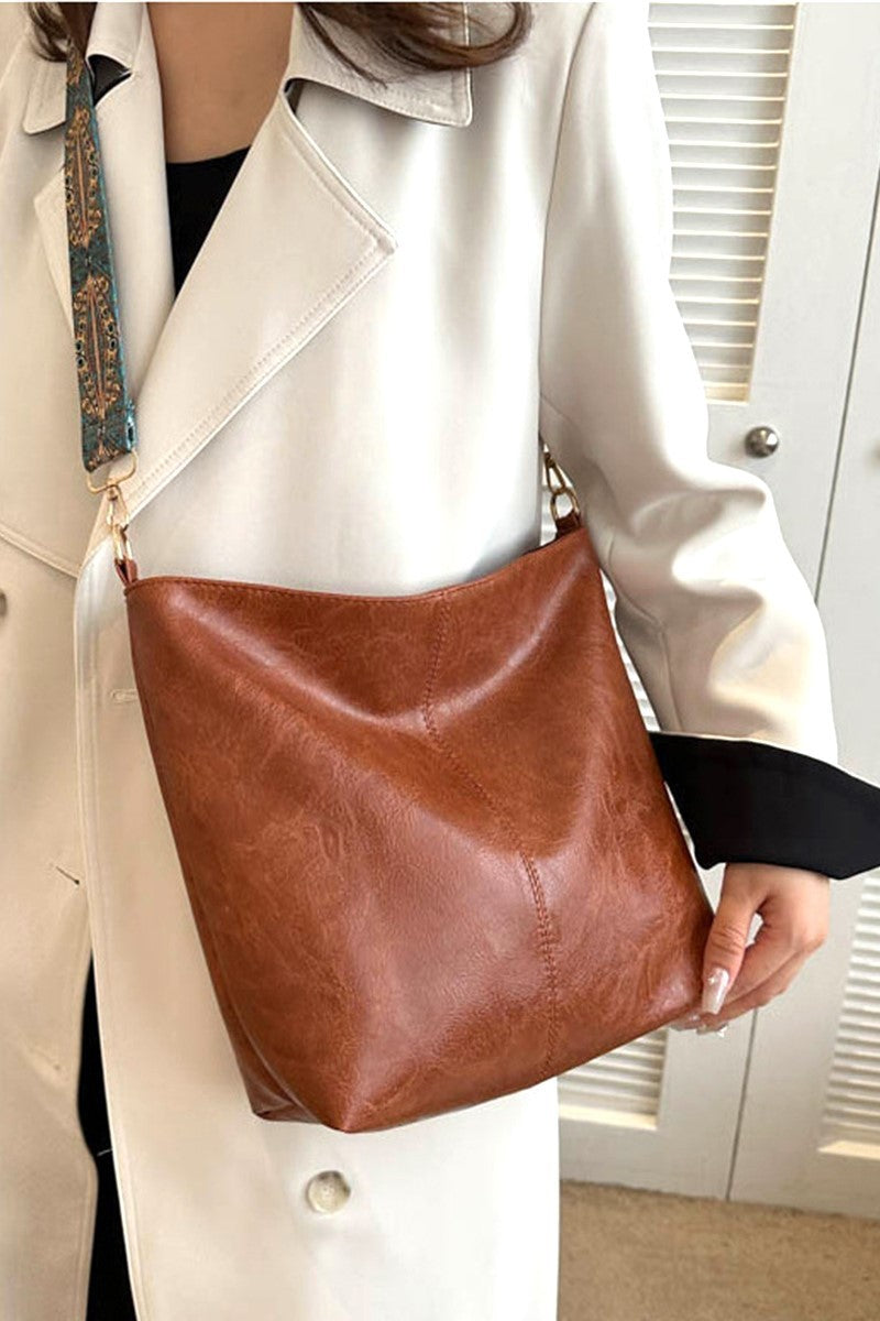 Retro Pattern Camel Vegan Leather Crossbody Shoulder Bag