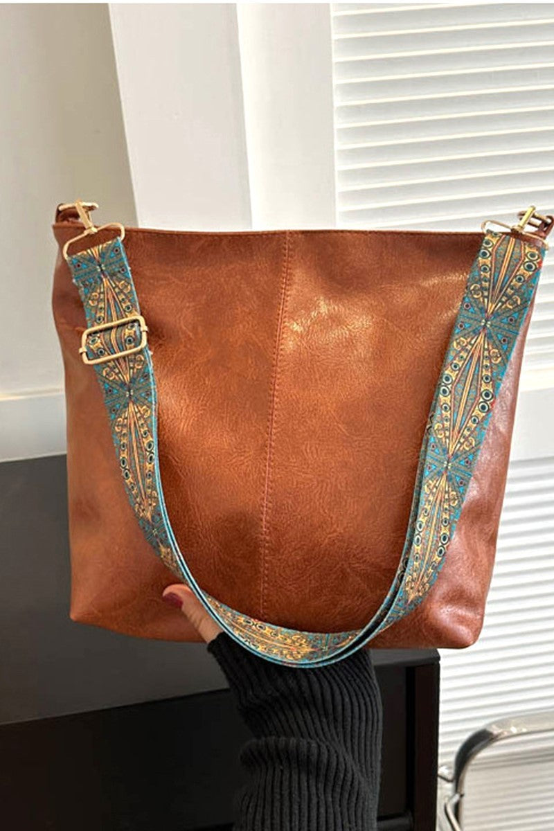 Retro Pattern Camel Vegan Leather Crossbody Shoulder Bag
