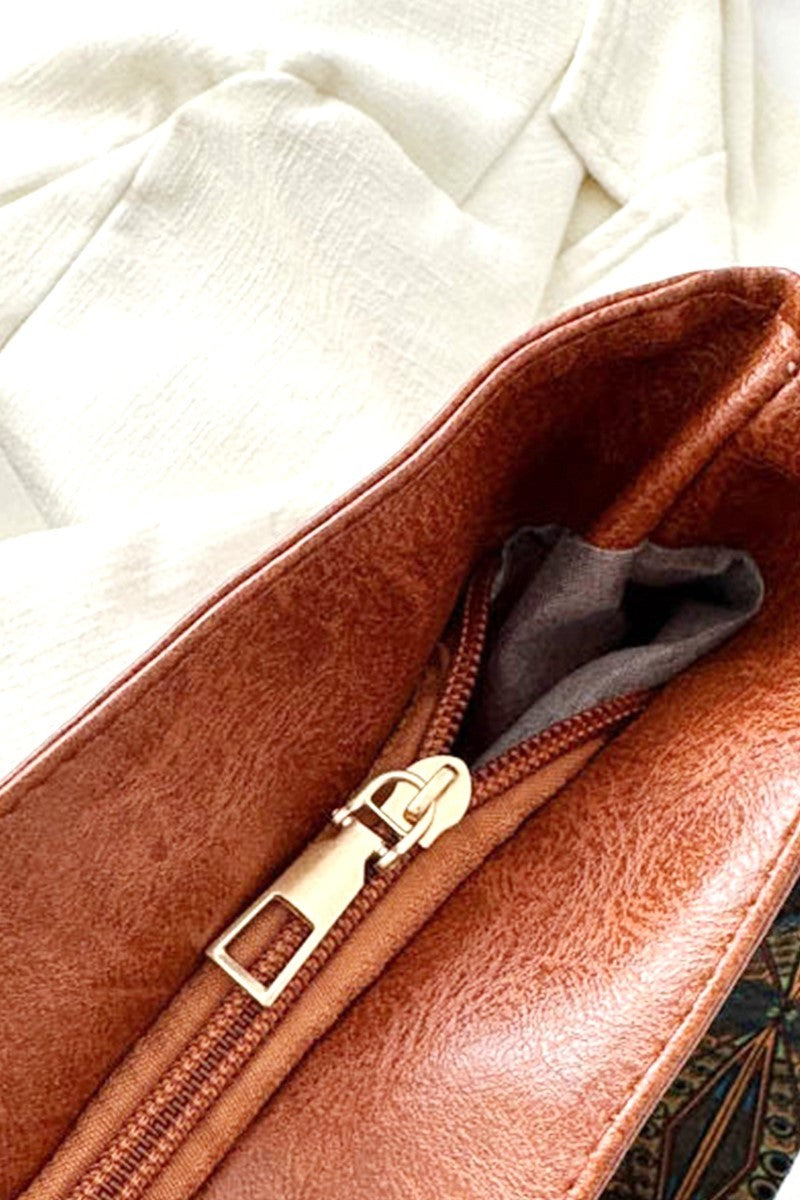 Retro Pattern Camel Vegan Leather Crossbody Shoulder Bag