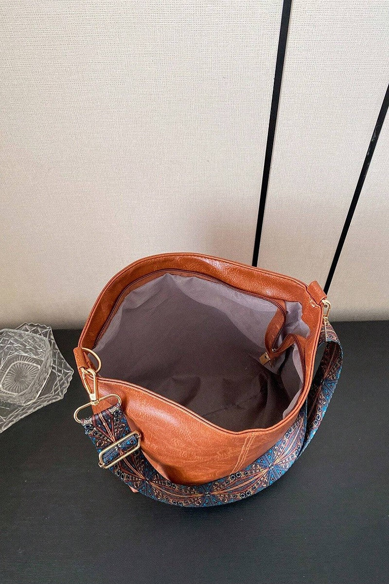Retro Pattern Camel Vegan Leather Crossbody Shoulder Bag