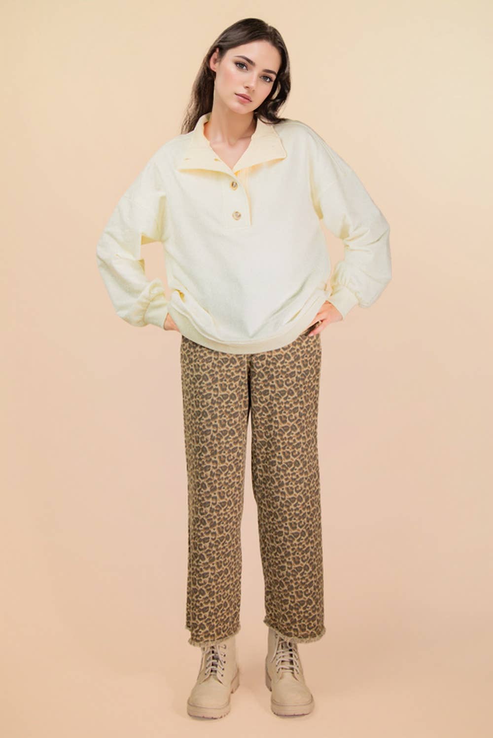 Mock Neck Cream Mineral Washed Knit Causal Top