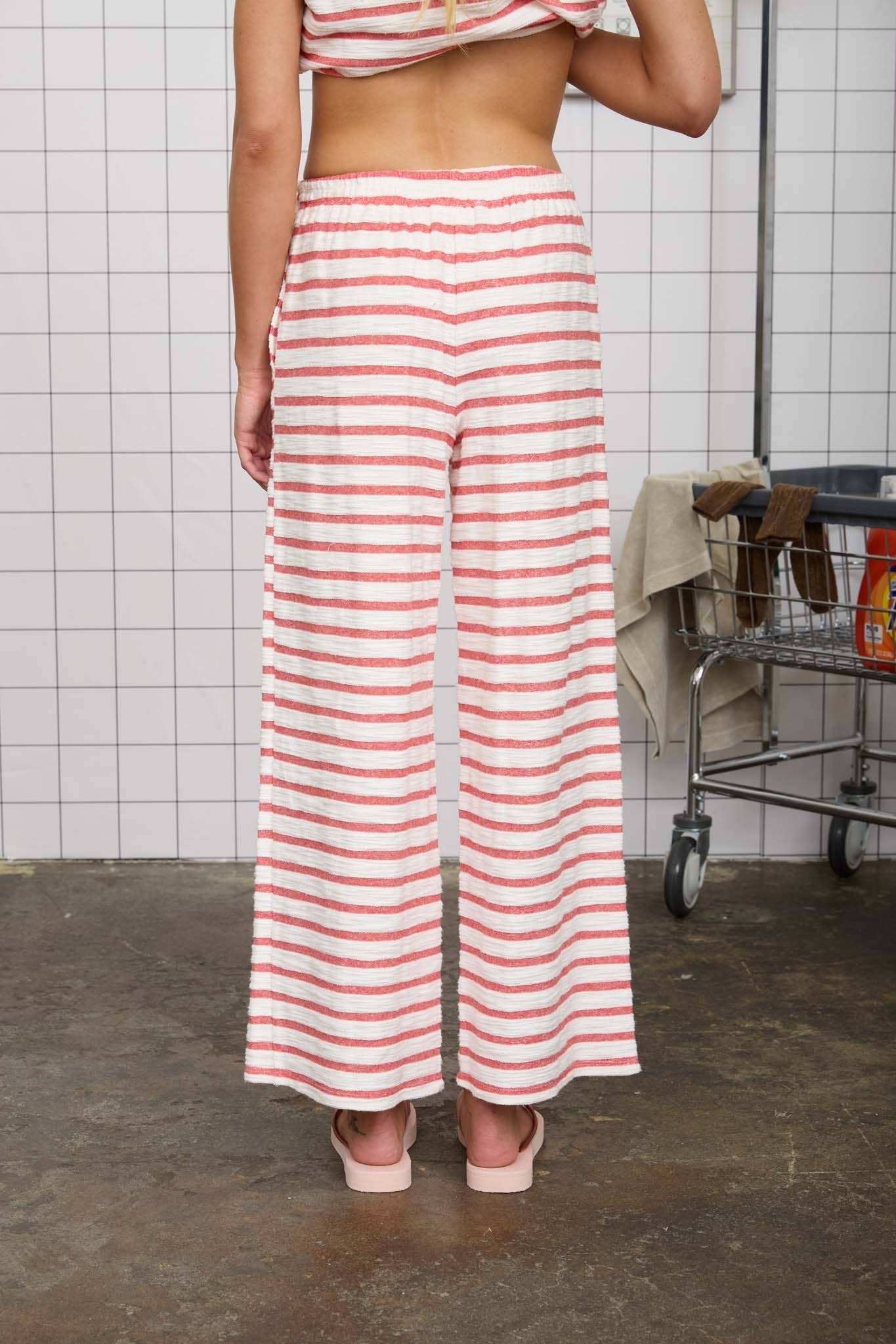 Red Stripe Drawstring Wide Leg Knit Lounge Pants