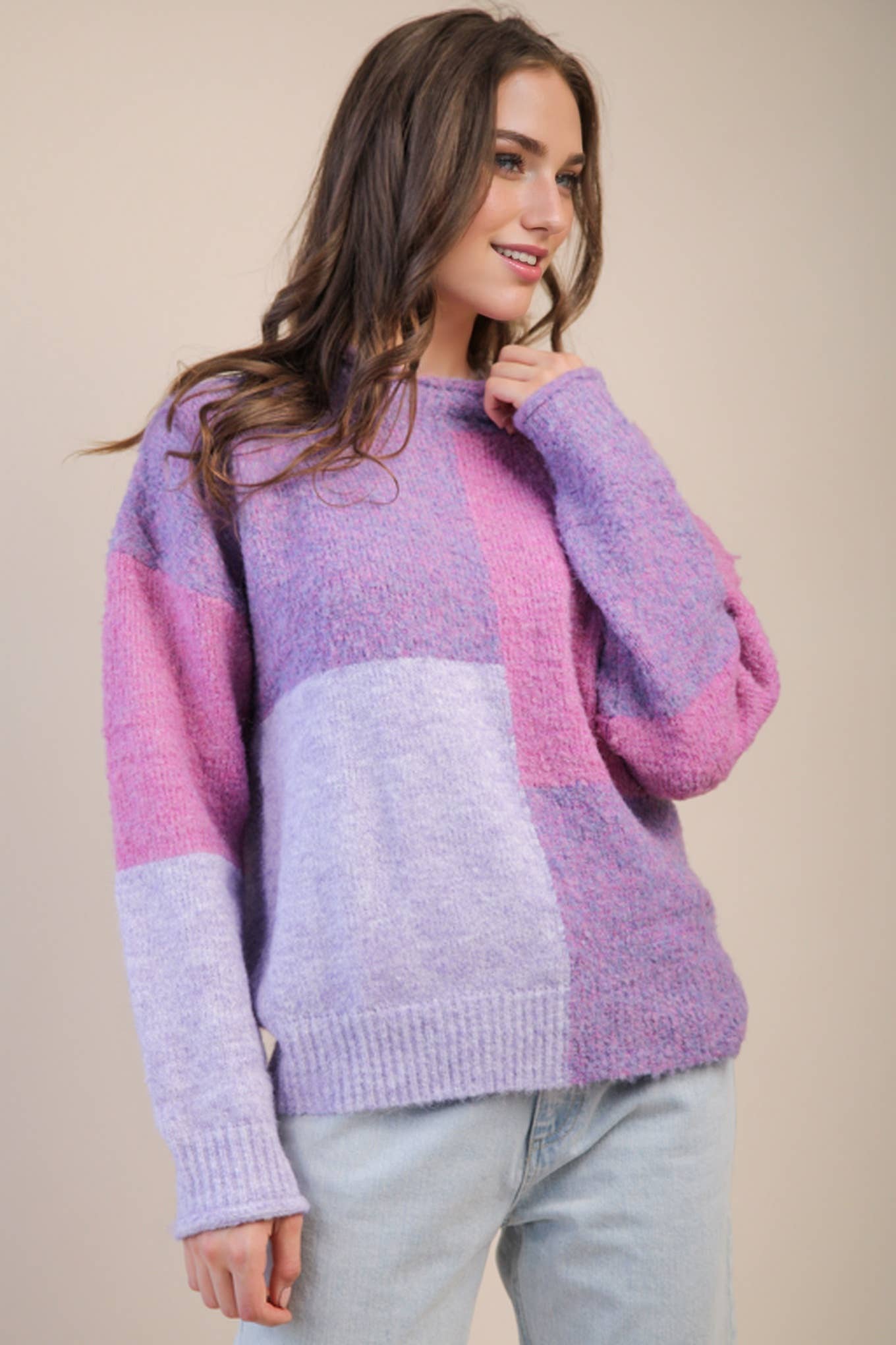 ECO Oversized Purple Color Block Cozy Knit Sweater Top