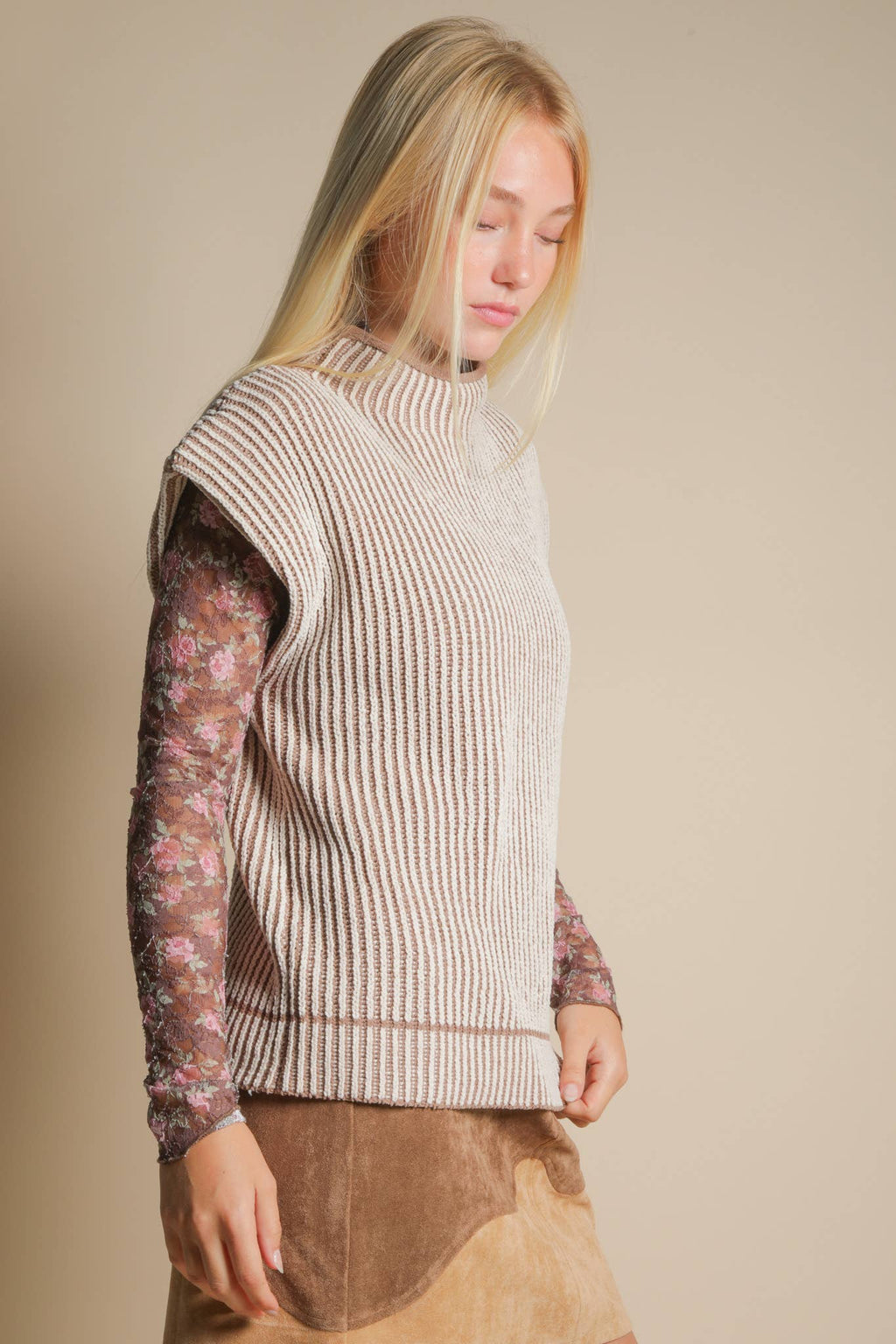 Two Tone Mocha Ribbed Knit Sweater Vest