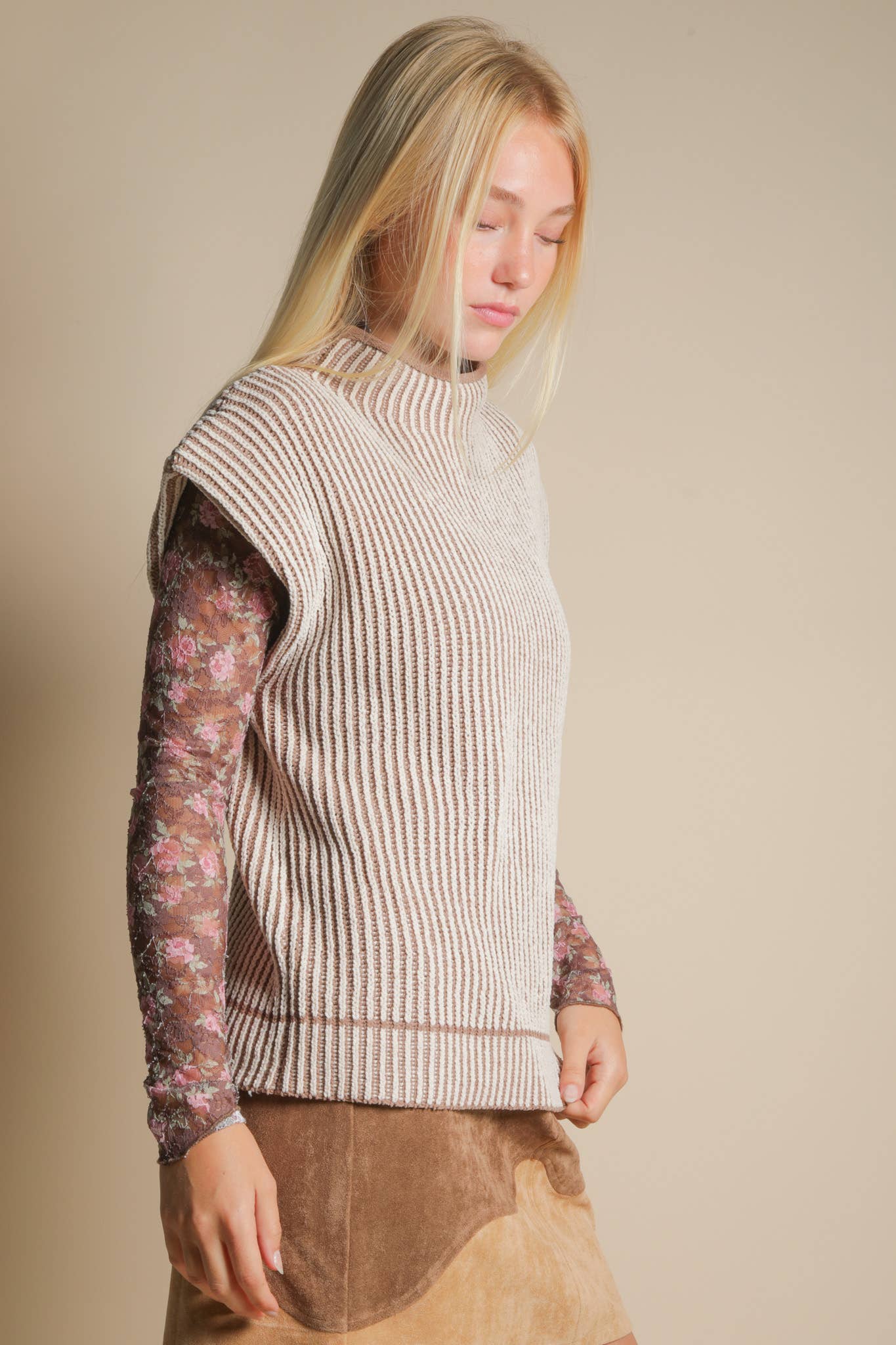 Two Tone Mocha Ribbed Knit Sweater Vest