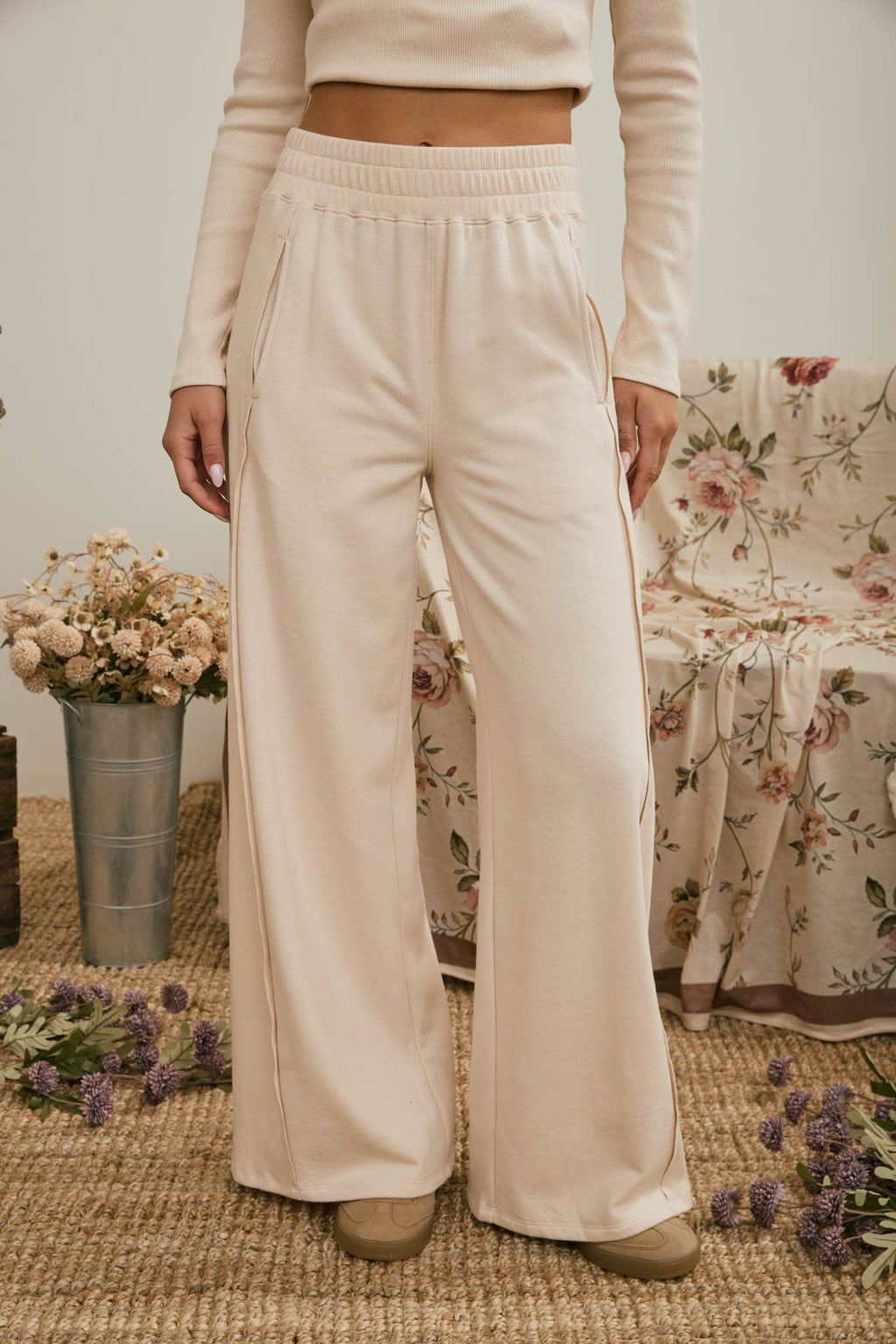 Light Khaki Elastic Waist Side Panel Knit Lounge Pants