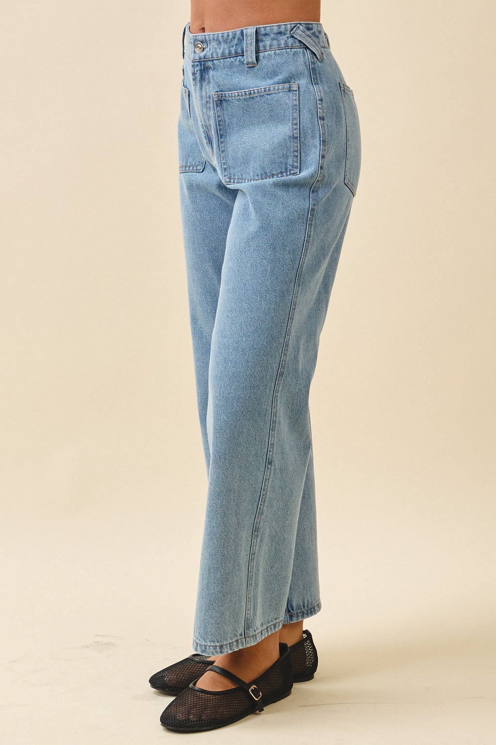 High Waist Wide Leg Denim Pants with Patch Pockets