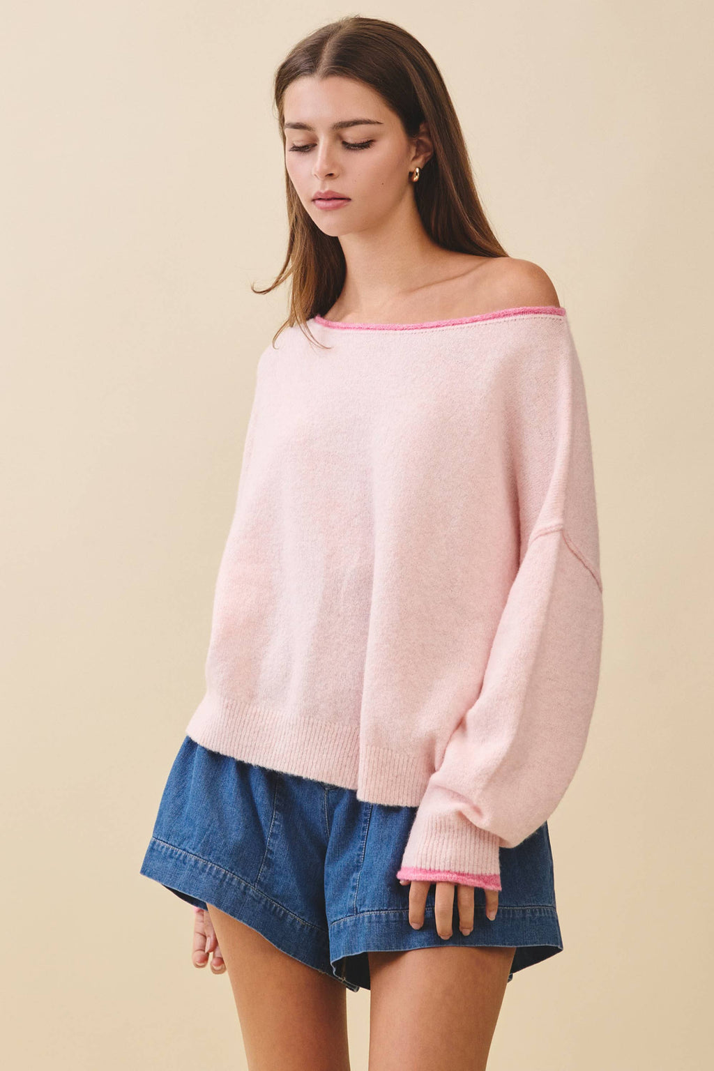 Relaxed Drop Shoulder Fuzzy Pink Knit Pullover