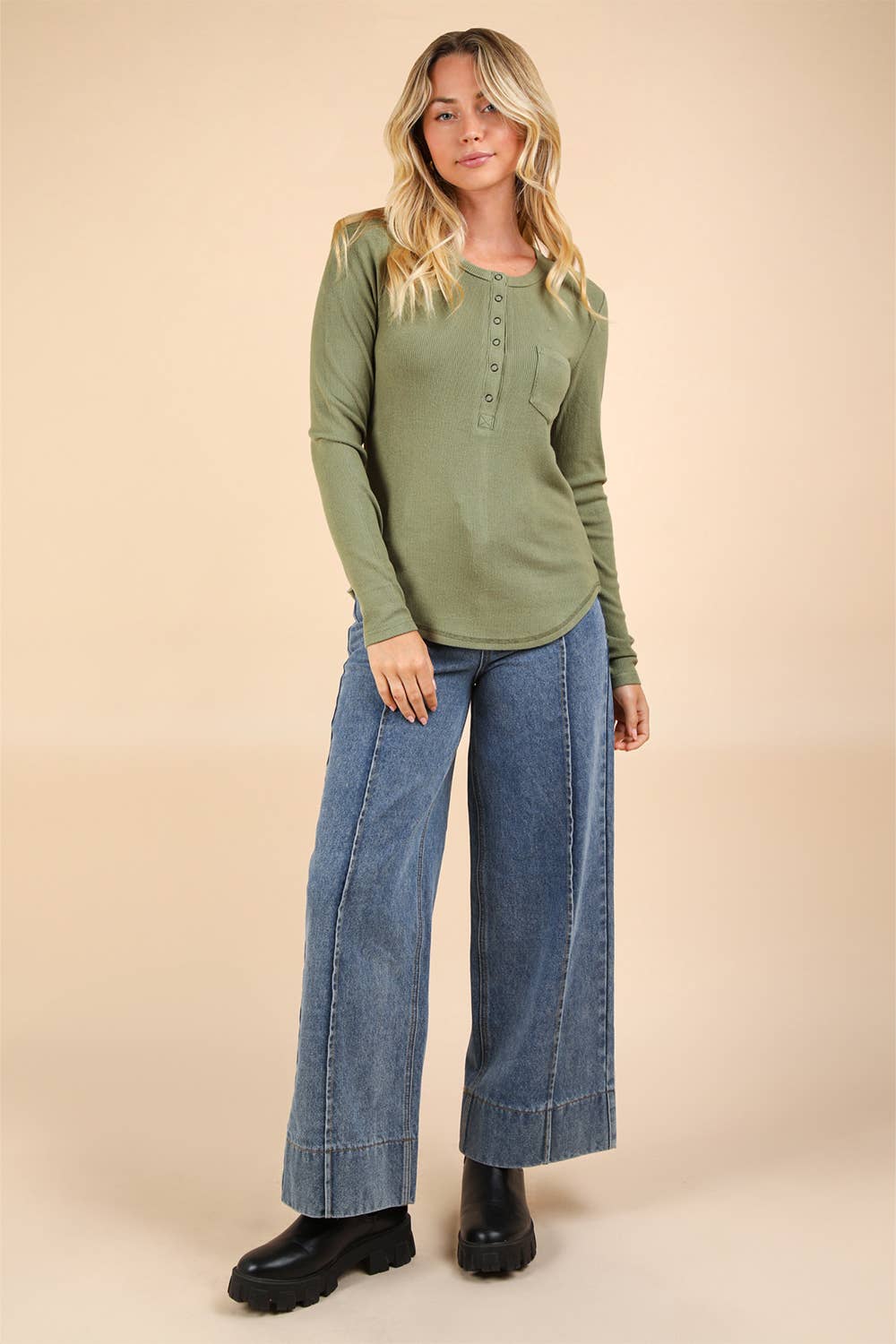 Soft Brushed Olive Green Solid Knit Casual Top