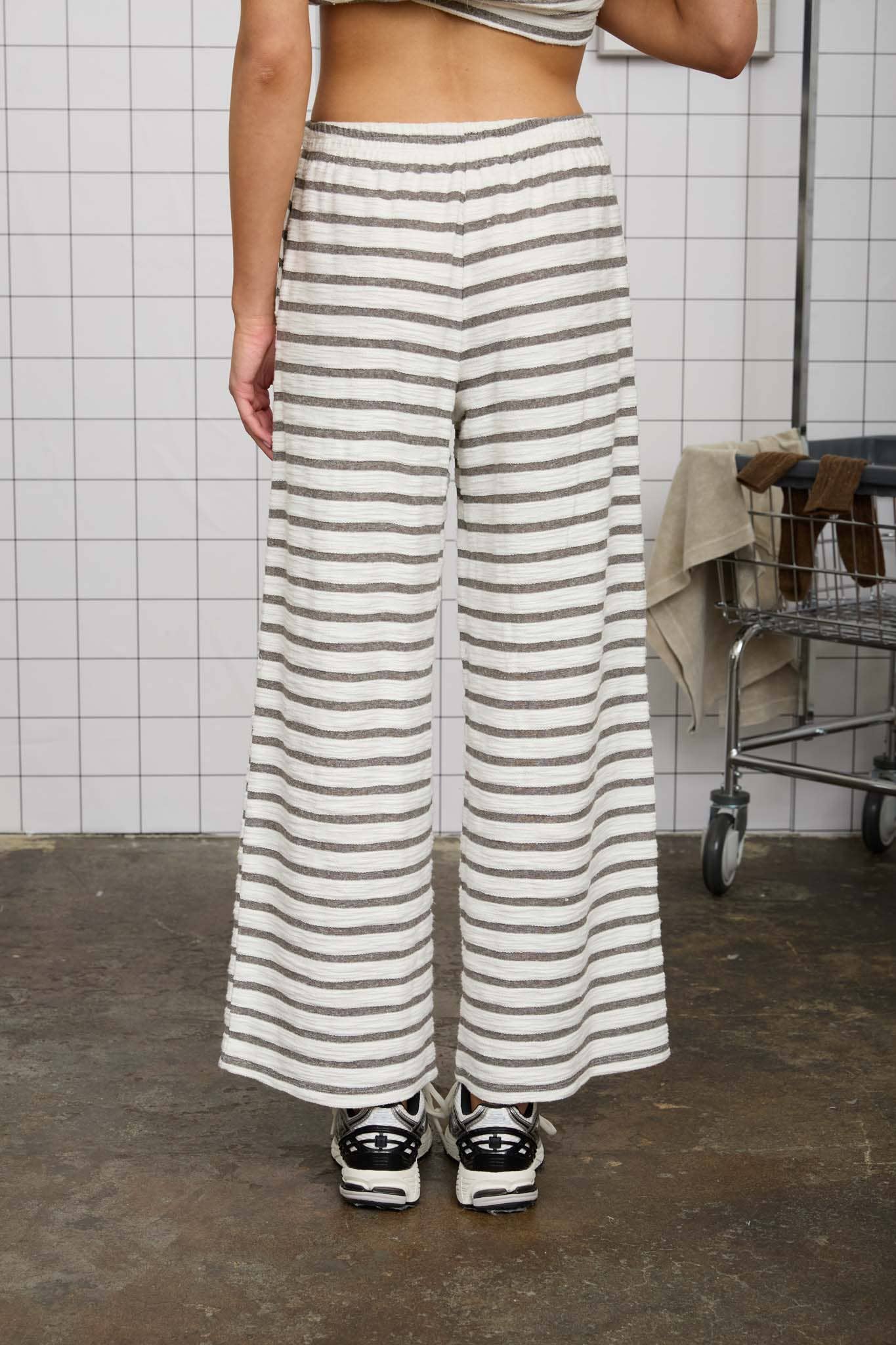 Navy Blue Stripe Drawstring Wide Leg Knit Lounge Pants