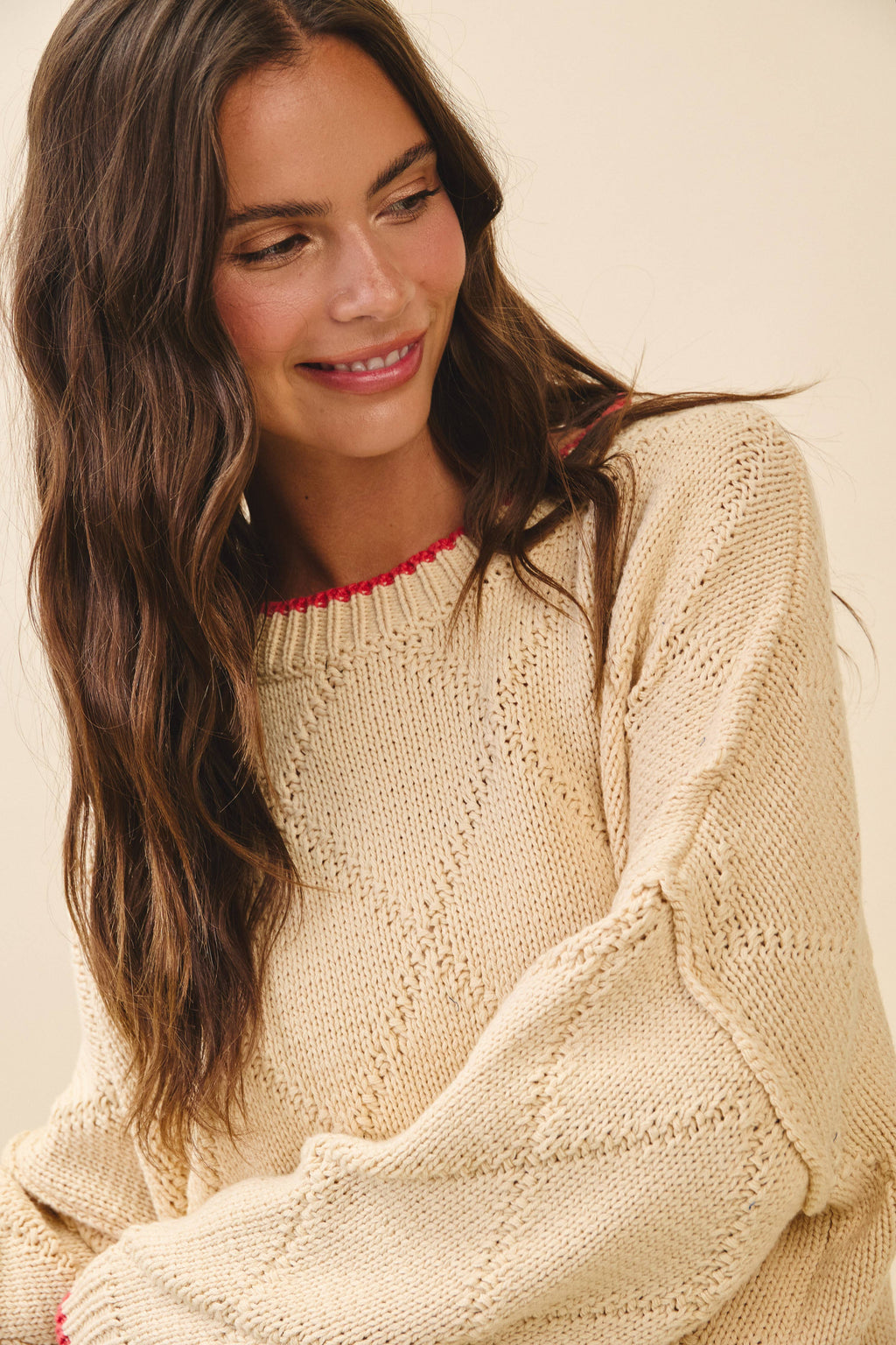 Diamond Knit Oat & Red Pullover Sweater
