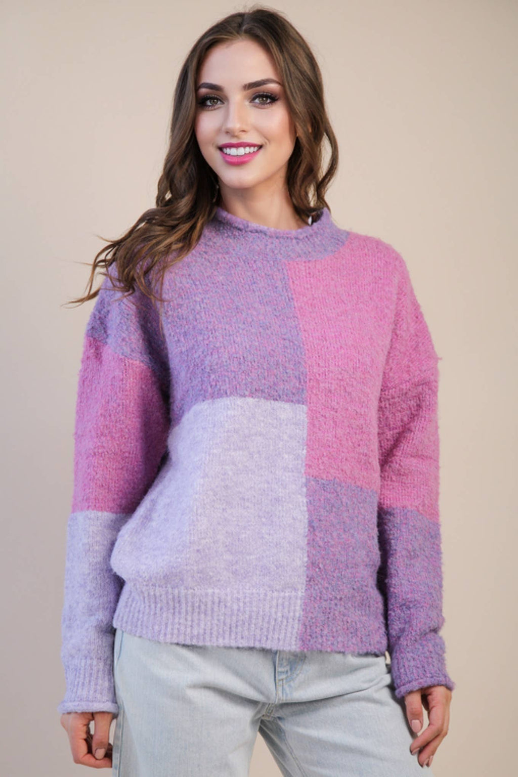 ECO Oversized Purple Color Block Cozy Knit Sweater Top