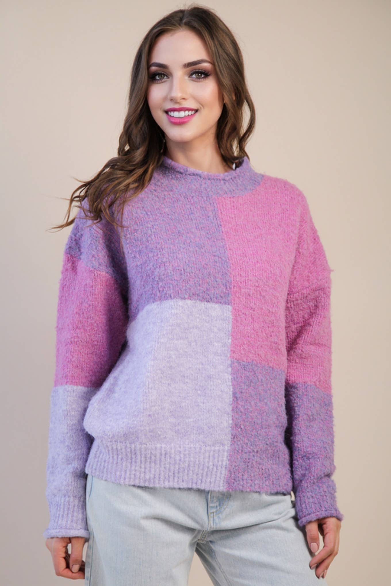 ECO Oversized Purple Color Block Cozy Knit Sweater Top
