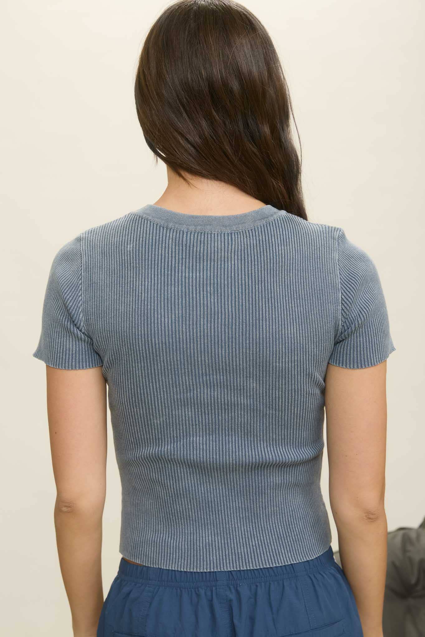 Slate Blue Washed Ribbed Short Sleeve Cropped Knit Tee