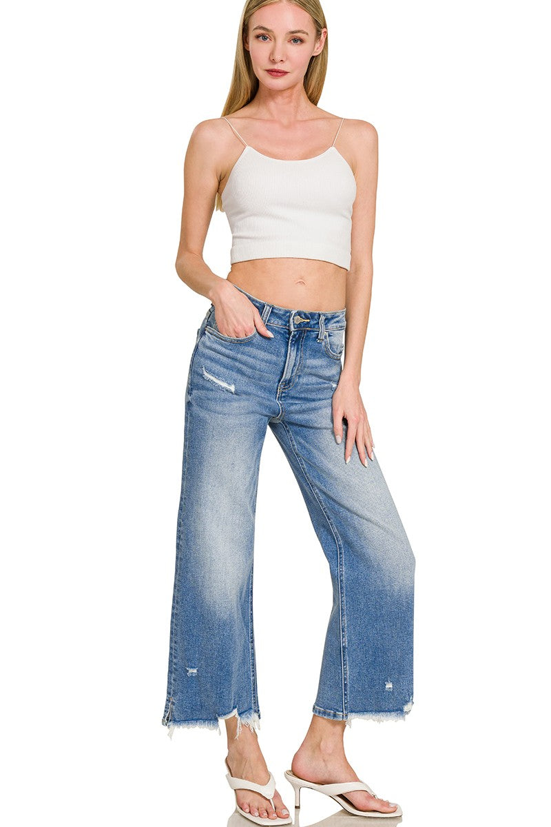 Distressed Raw Hem Medium Blue Denim Pants