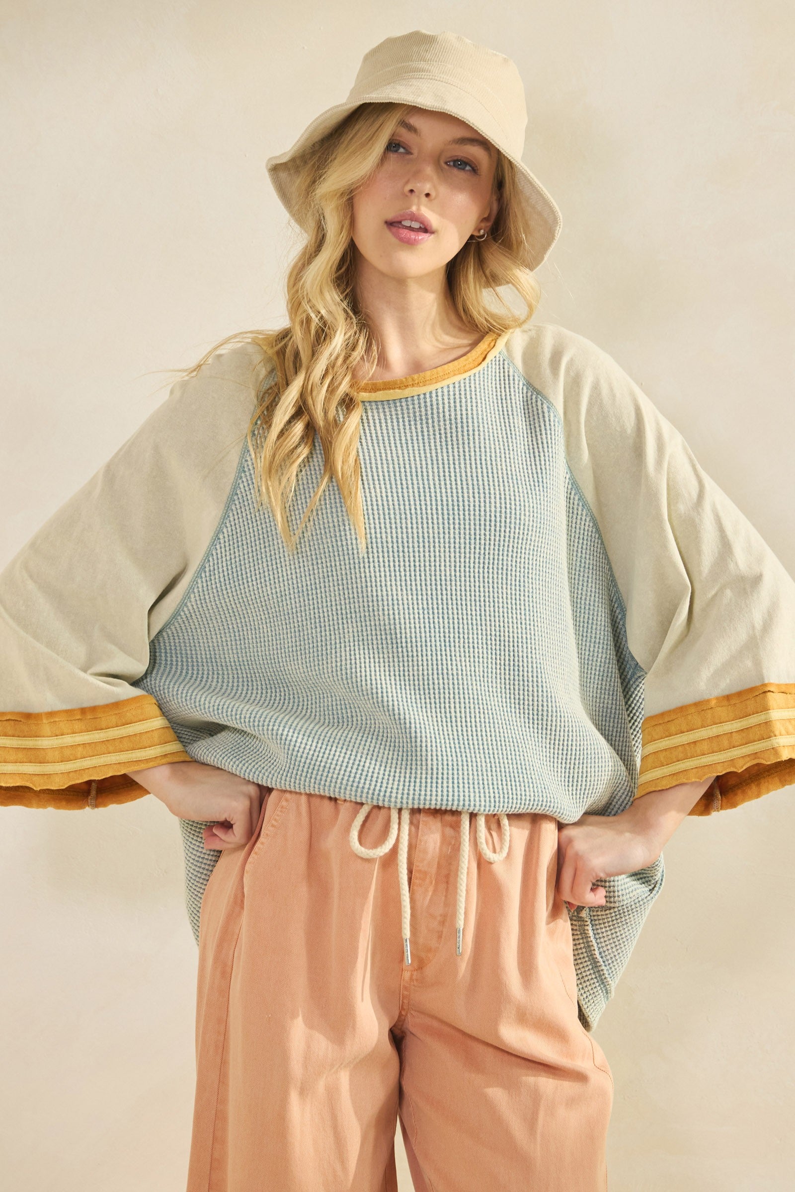 Boho Waffle-Knit Dusty Blue Colorblock Raglan Top