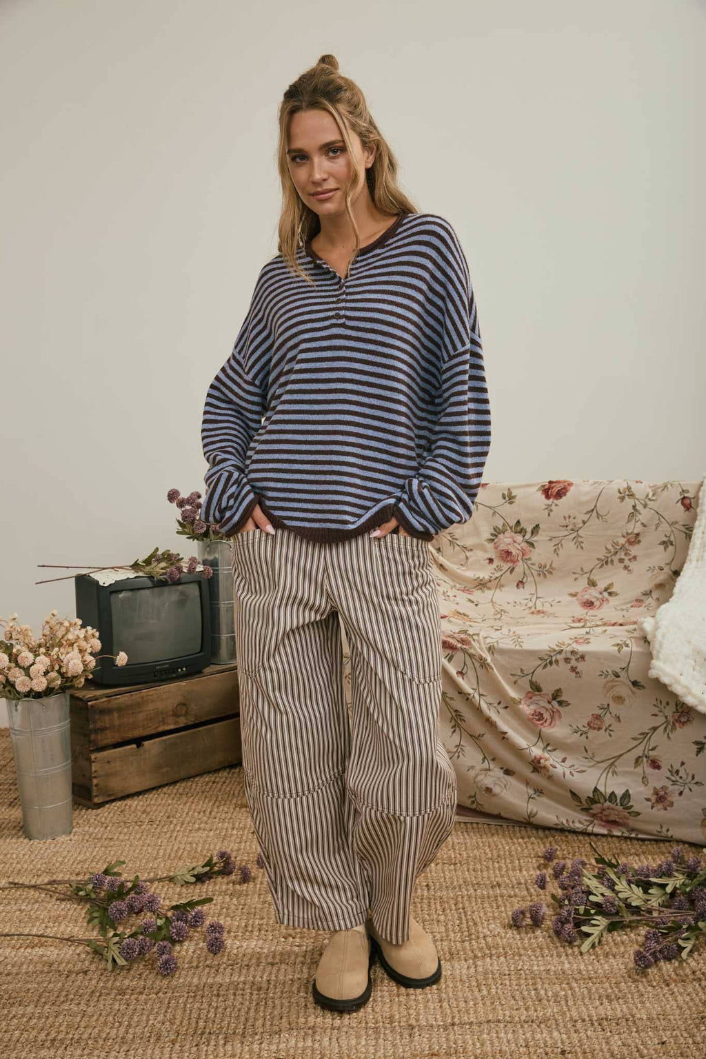 Brown Stripe Pocket Detail Wide Leg Pants