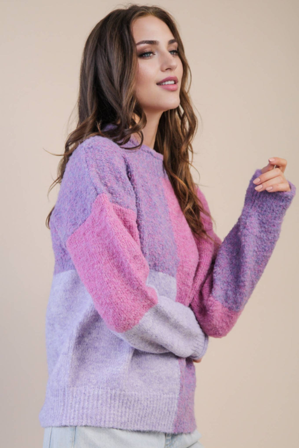 ECO Oversized Purple Color Block Cozy Knit Sweater Top