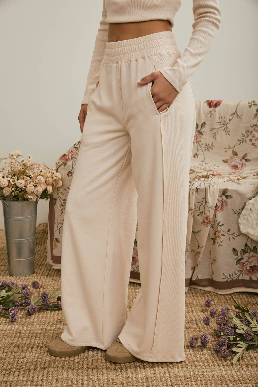 Light Khaki Elastic Waist Side Panel Knit Lounge Pants