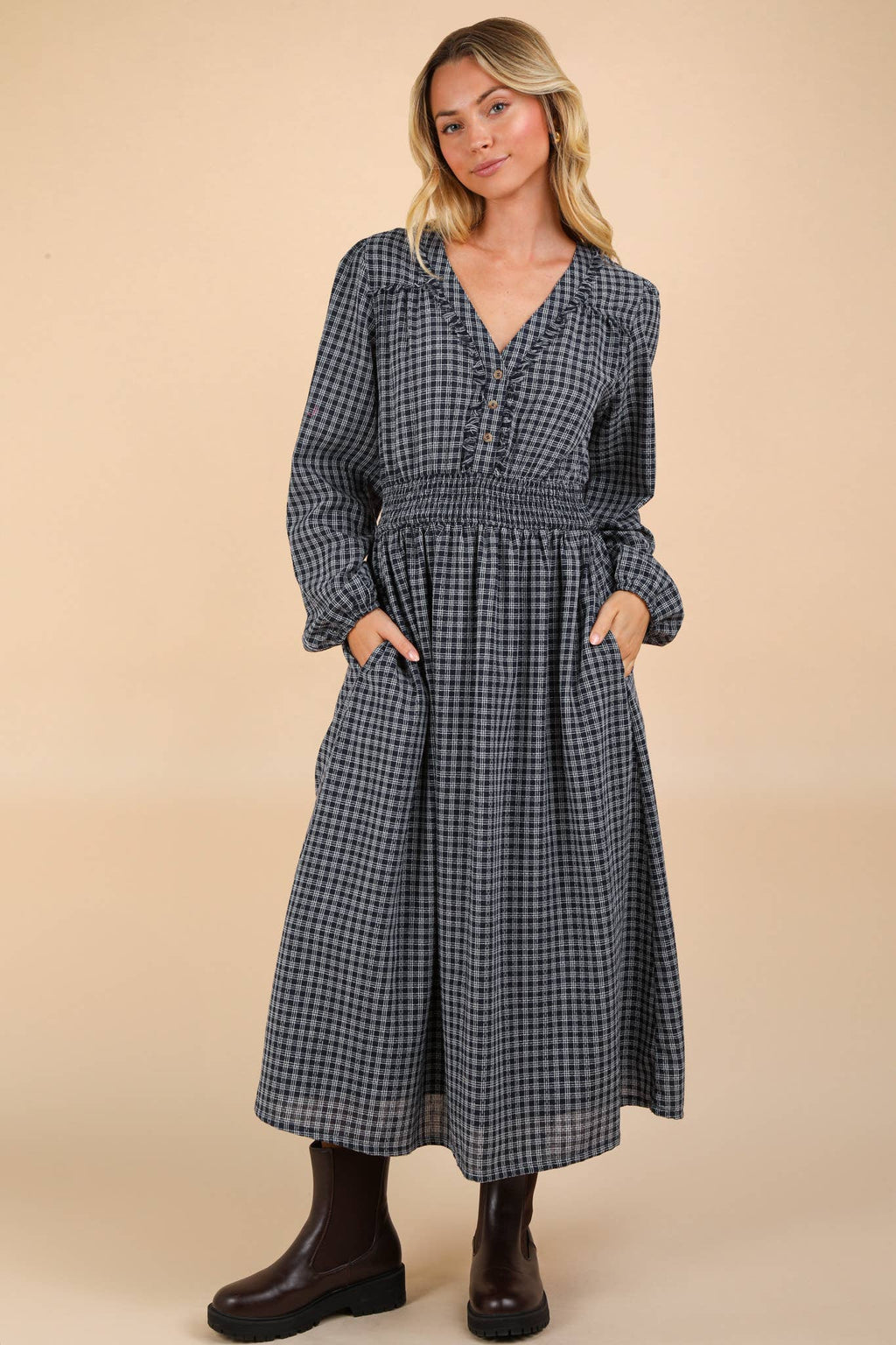 V-Neck Smocking Long Sleeve Navy Blue Plaid Midi Dress