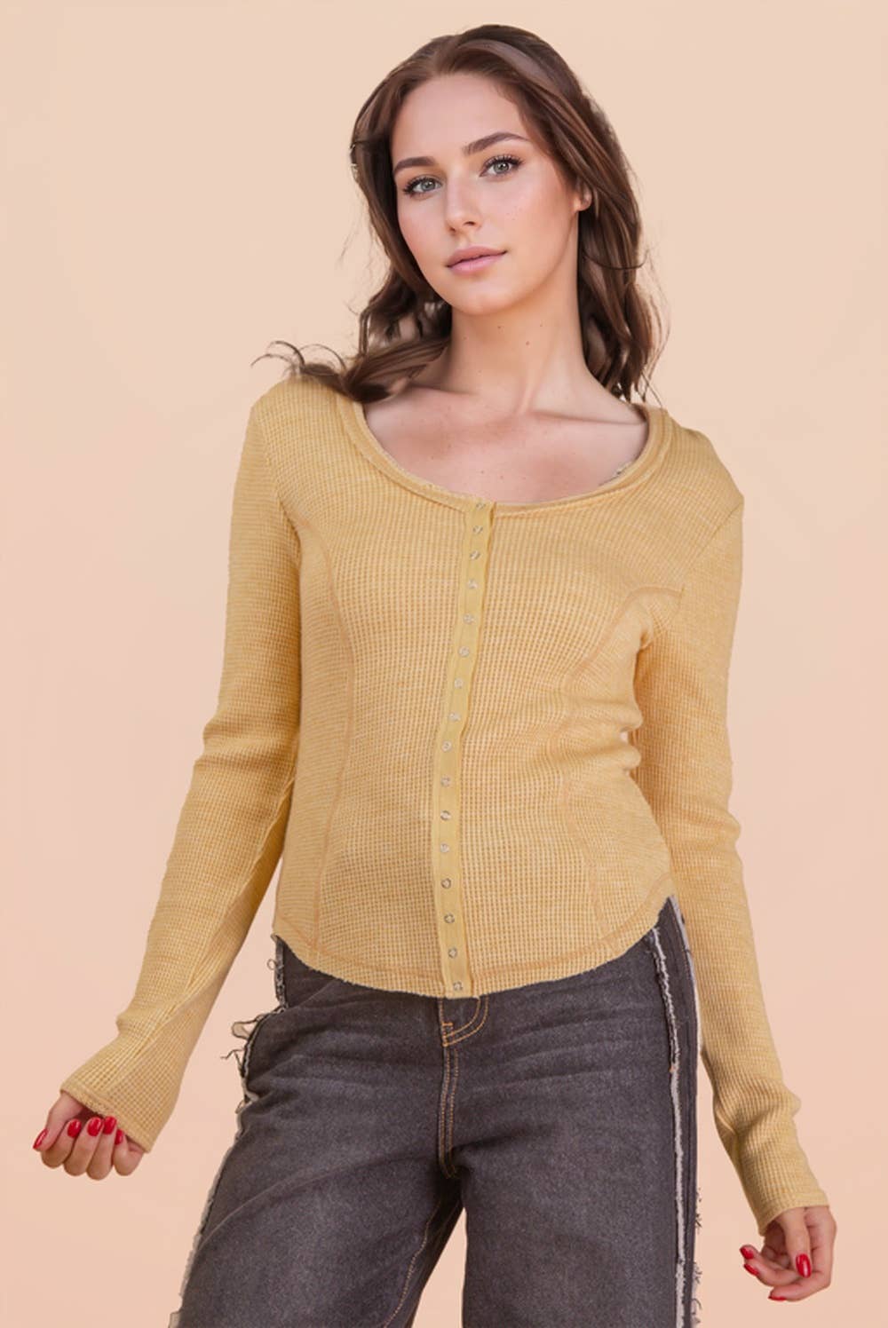 Yellow Button Down Fitted Knit Casual Top
