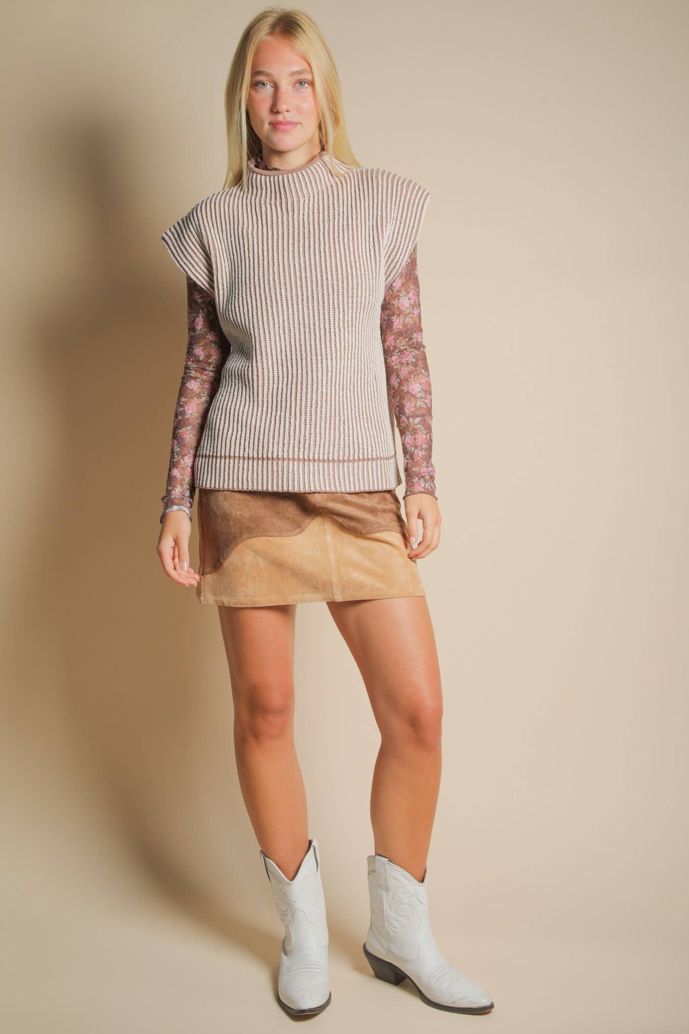 Two Tone Mocha Ribbed Knit Sweater Vest