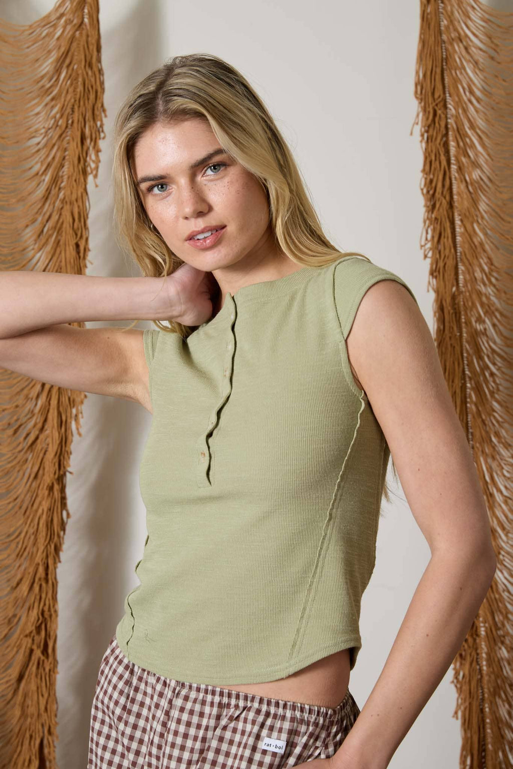Exposed Asymmetrical Seam Olive Henley Knit Top
