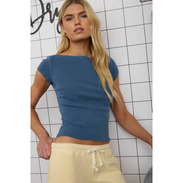 Washed Vintage Blue Boat Neck Short Sleeve Ribbed Knit Top