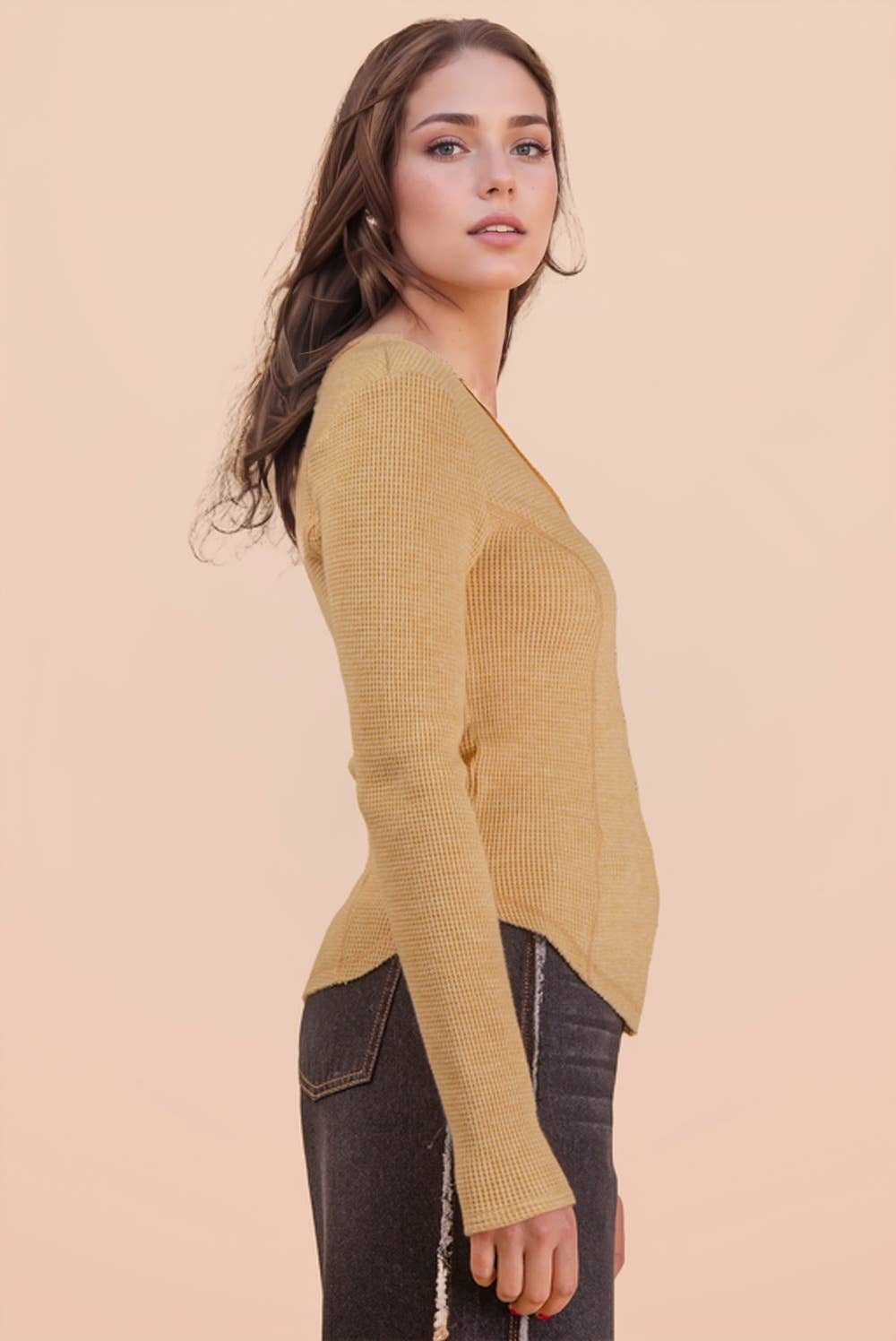 Yellow Button Down Fitted Knit Casual Top