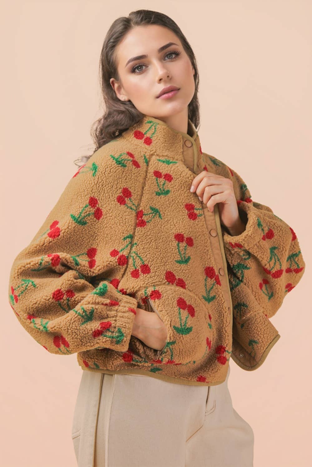 Choco Cherry Printed Fleece Oversized Jacket