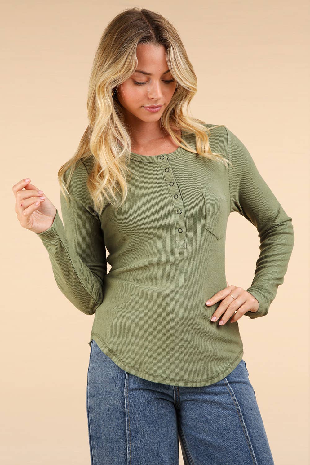 Soft Brushed Olive Green Solid Knit Casual Top