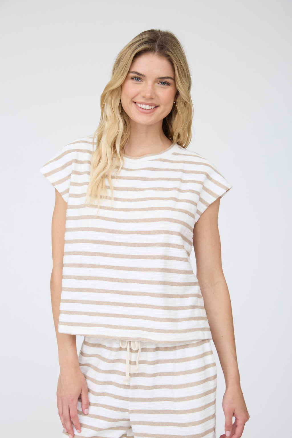 Khaki Stripe Round Neck Short Sleeve Knit Top