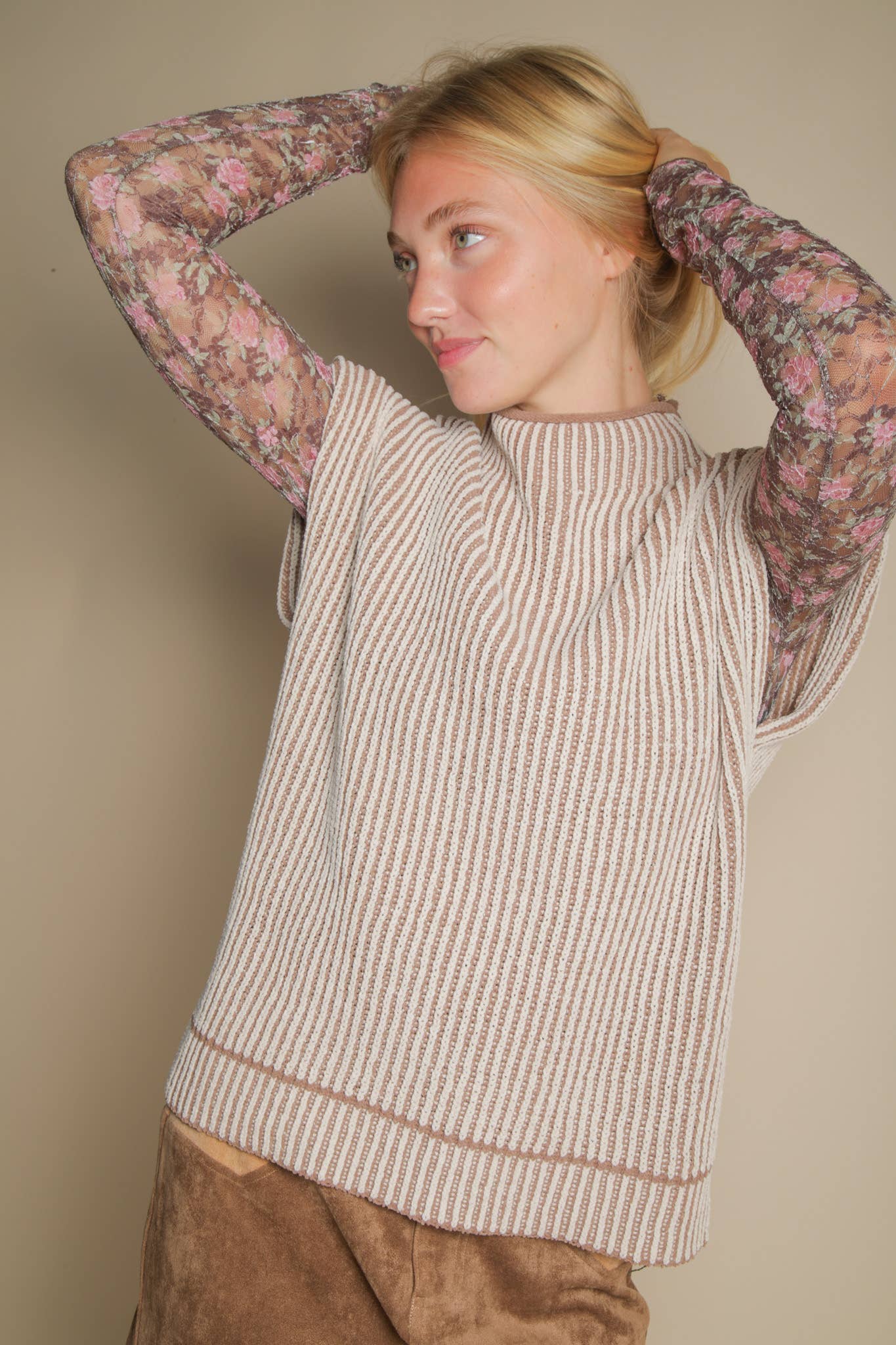 Two Tone Mocha Ribbed Knit Sweater Vest