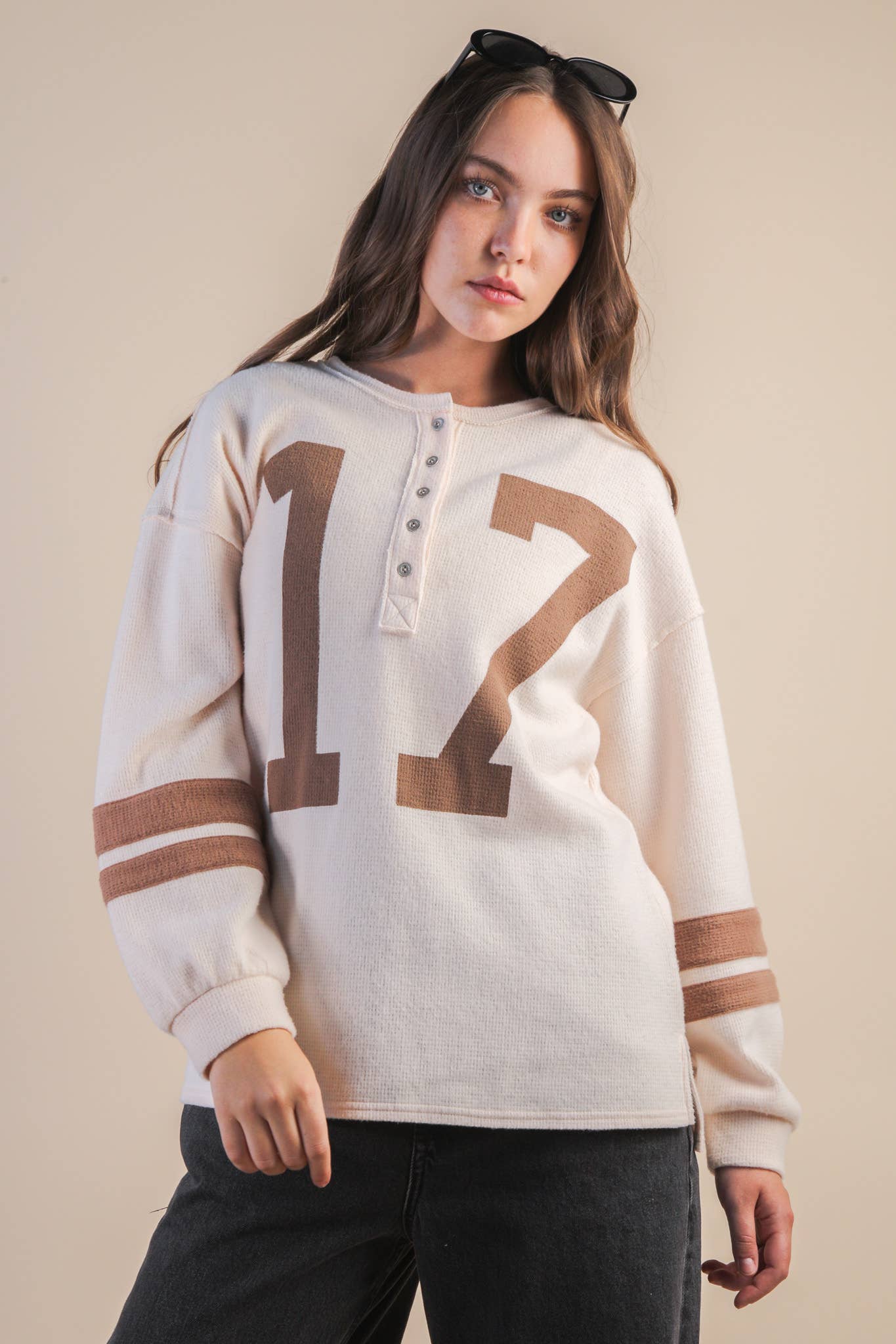 Oversized Cream & Mocha #17 Graphic Casual Knit Top