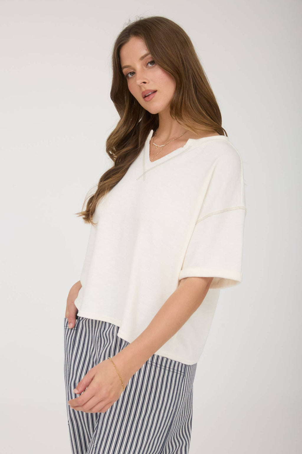 White Contrast Stitch Drop Shoulder Cuff Sleeve Knit Top